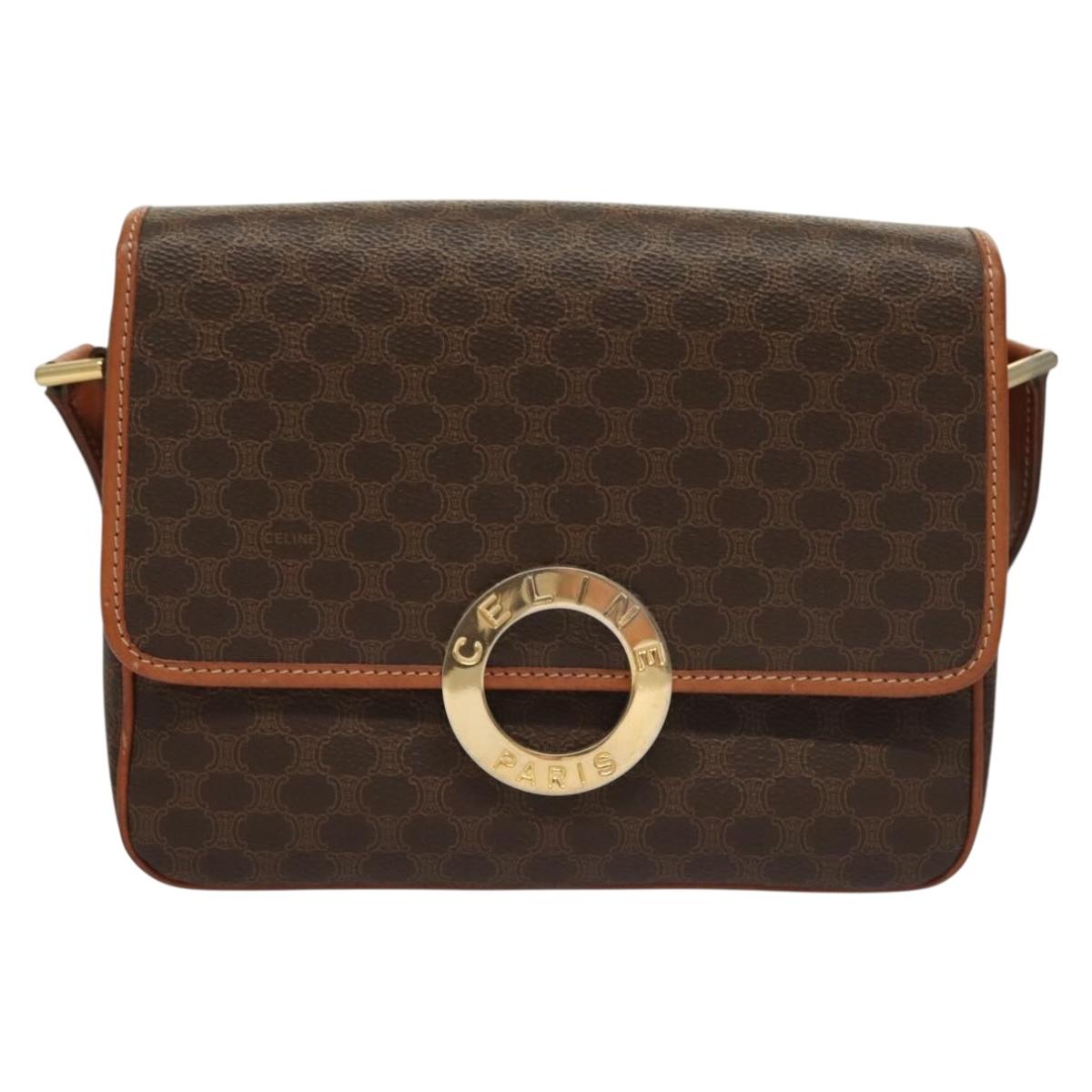 CELINE Macadam Canvas Shoulder Bag PVC Leather Brown Gold Auth 136068