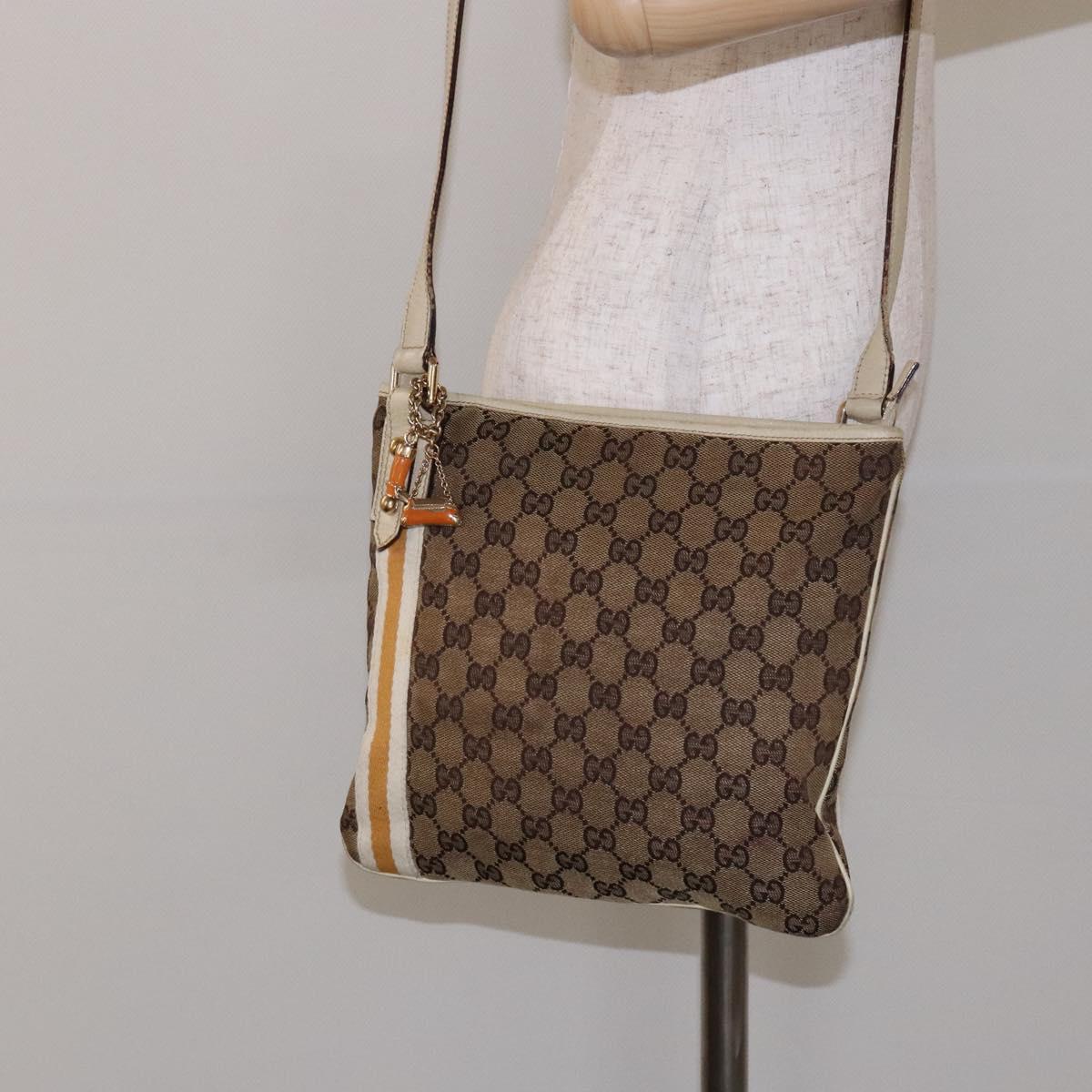 GUCCI GG Canvas Sherry Line Shoulder Bag Beige Gold 144388 Auth 136079