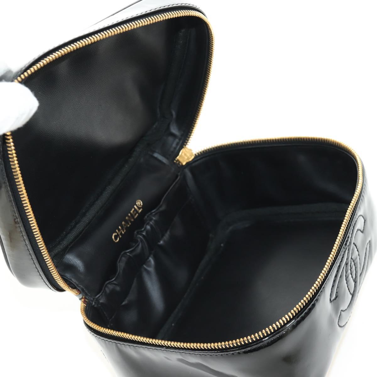 CHANEL Vanity Pouch Patent leather Black Gold CC Auth 136084