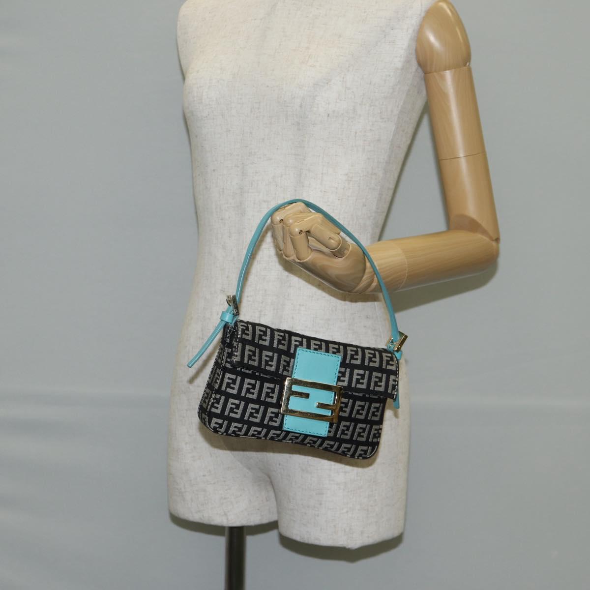 FENDI Zucchino Canvas Mamma Baguette Shoulder Bag Black Gold Auth 136114V