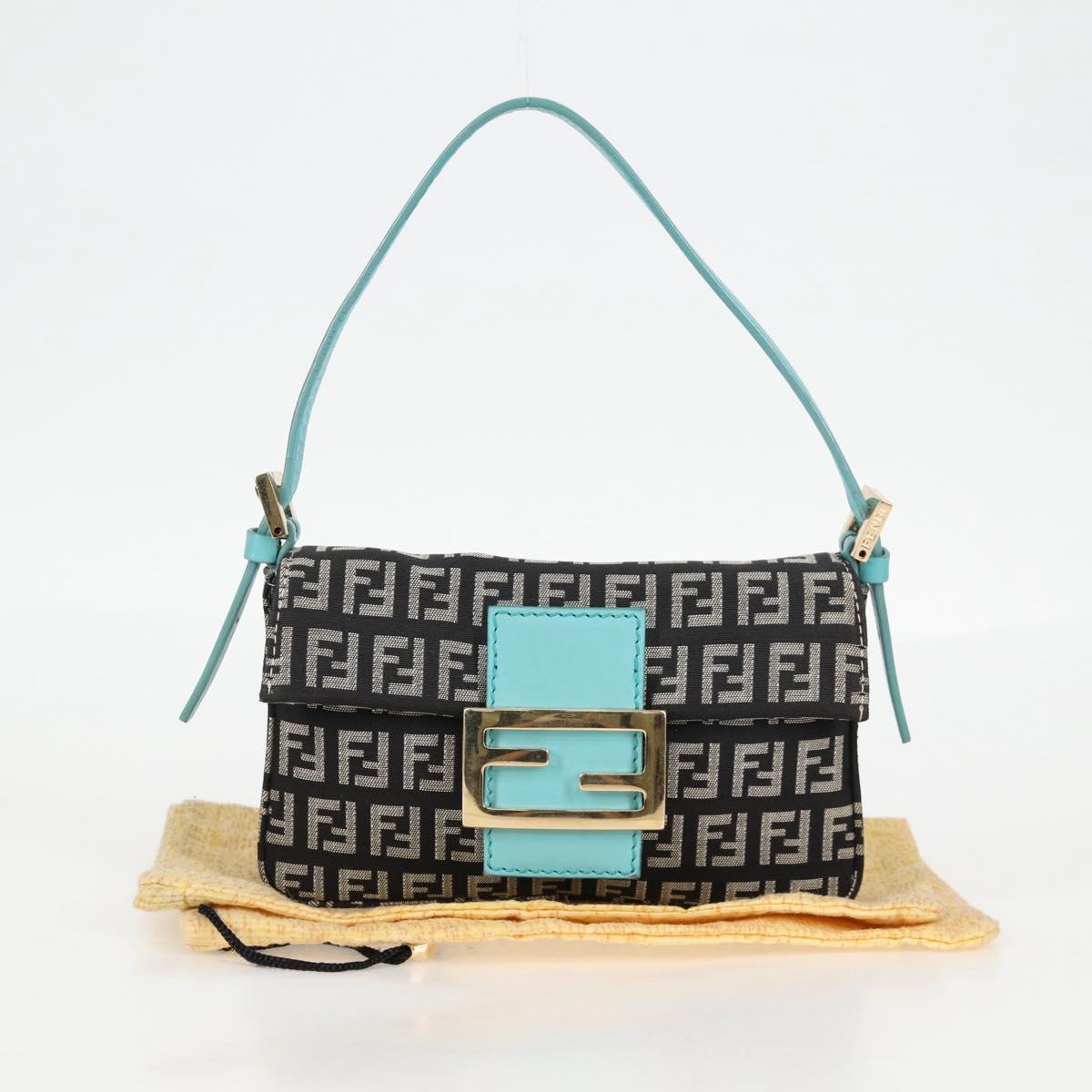 FENDI Zucchino Canvas Mamma Baguette Shoulder Bag Black Gold Auth 136114V
