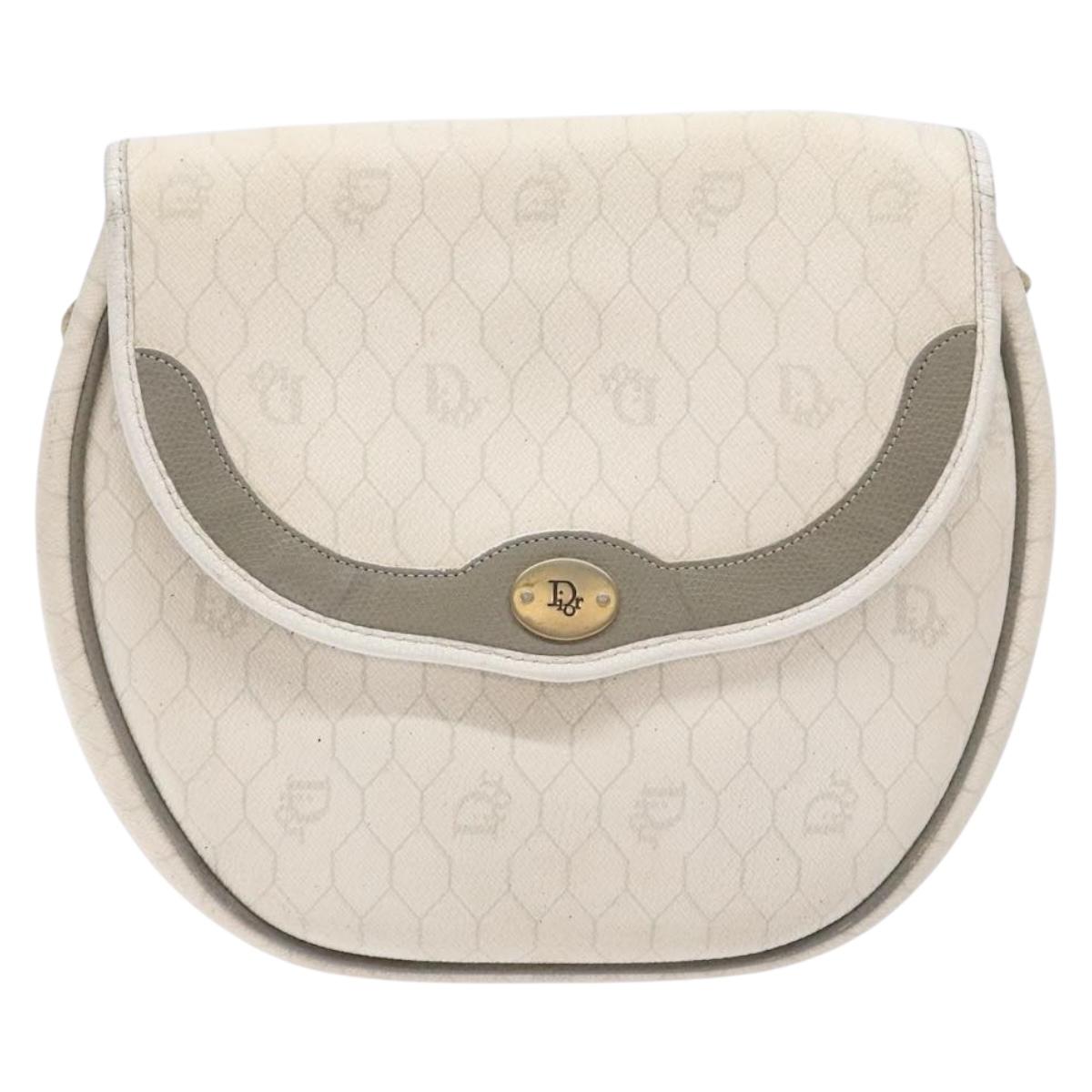 Christian Dior Honeycomb Canvas Shoulder Bag PVC White Gold Auth 136116