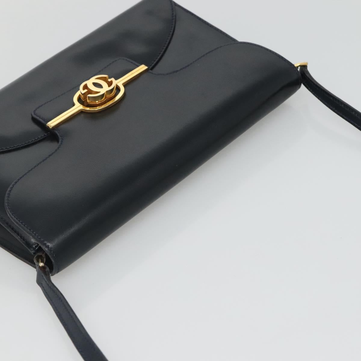 GUCCI Shoulder Bag Leather Navy Gold Auth 136145