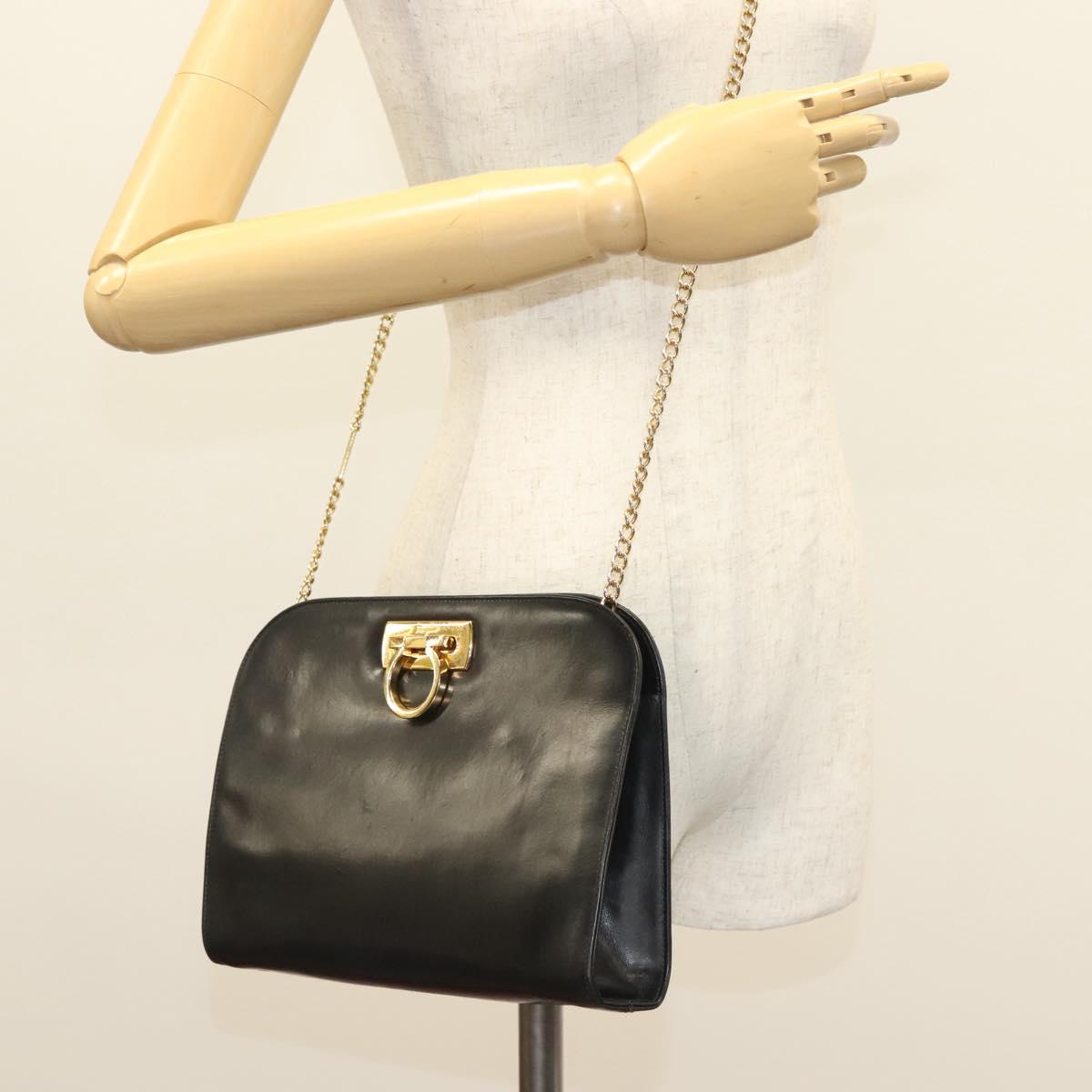 Salvatore Ferragamo Chain Shoulder Bag Leather Black Gold Auth 136157