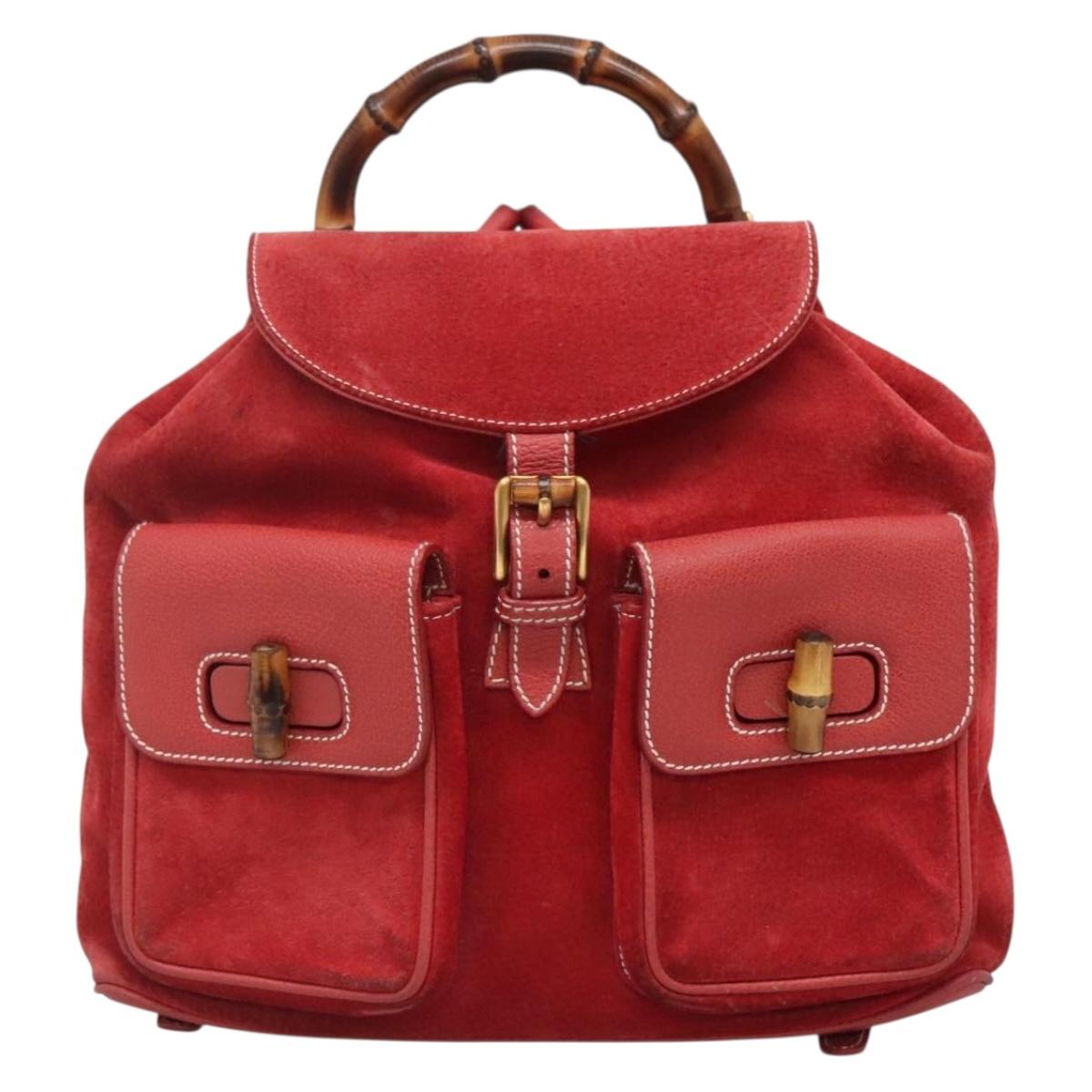 GUCCI Bamboo Backpack Suede Red Gold 003 2058 0016 Auth 136160