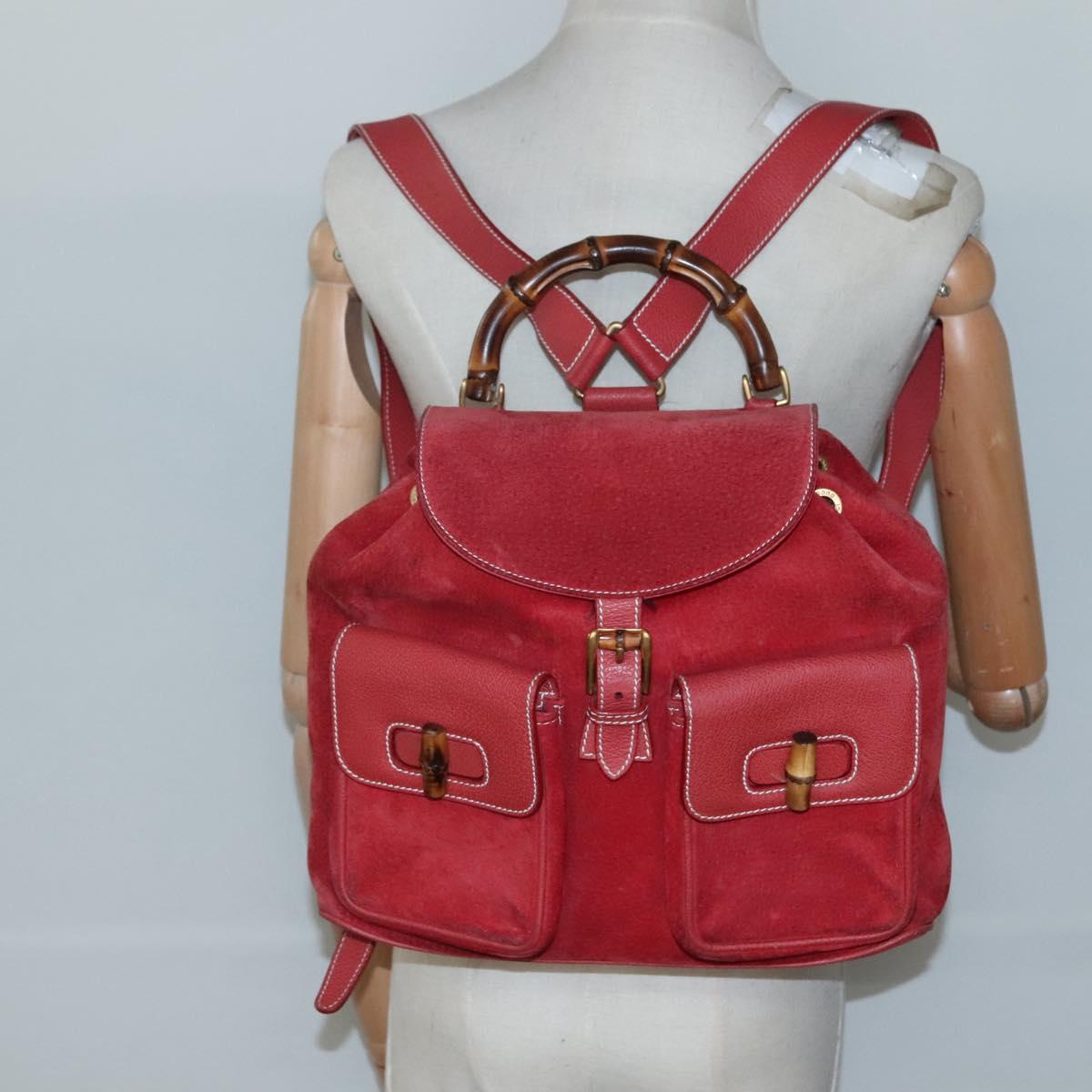 GUCCI Bamboo Backpack Suede Red Gold 003 2058 0016 Auth 136160