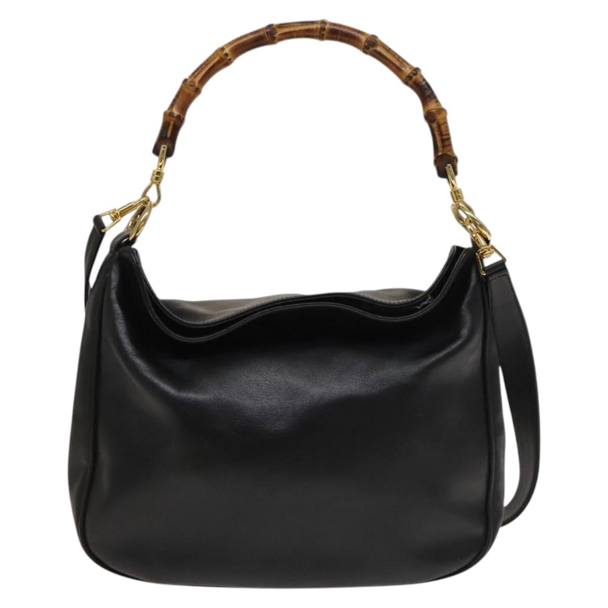 GUCCI Bamboo Shoulder Bag Leather 2way Black Gold 001 1781 1638 Auth 136183