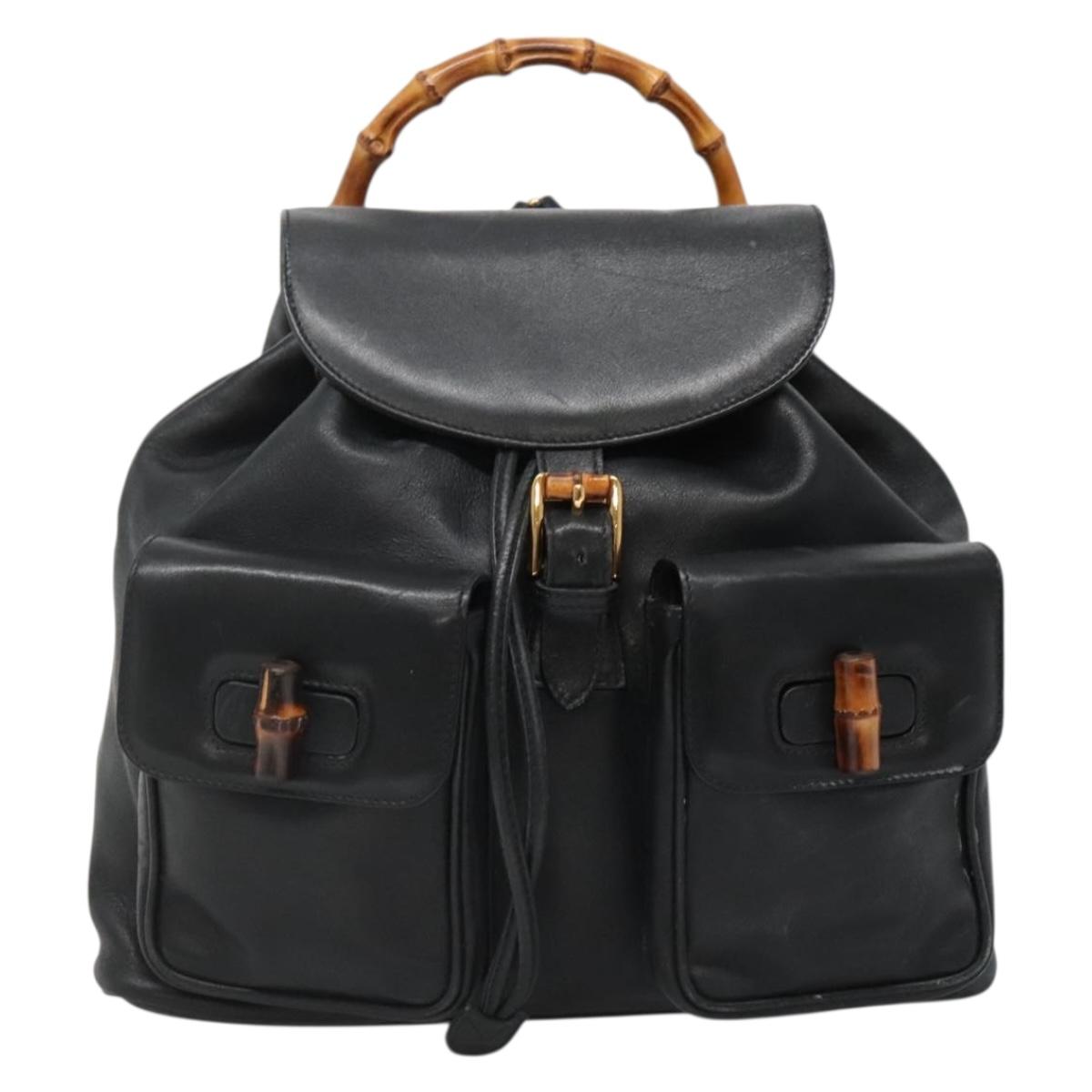 GUCCI Bamboo Backpack Leather Black Gold 003 2058 0016 Auth 136184