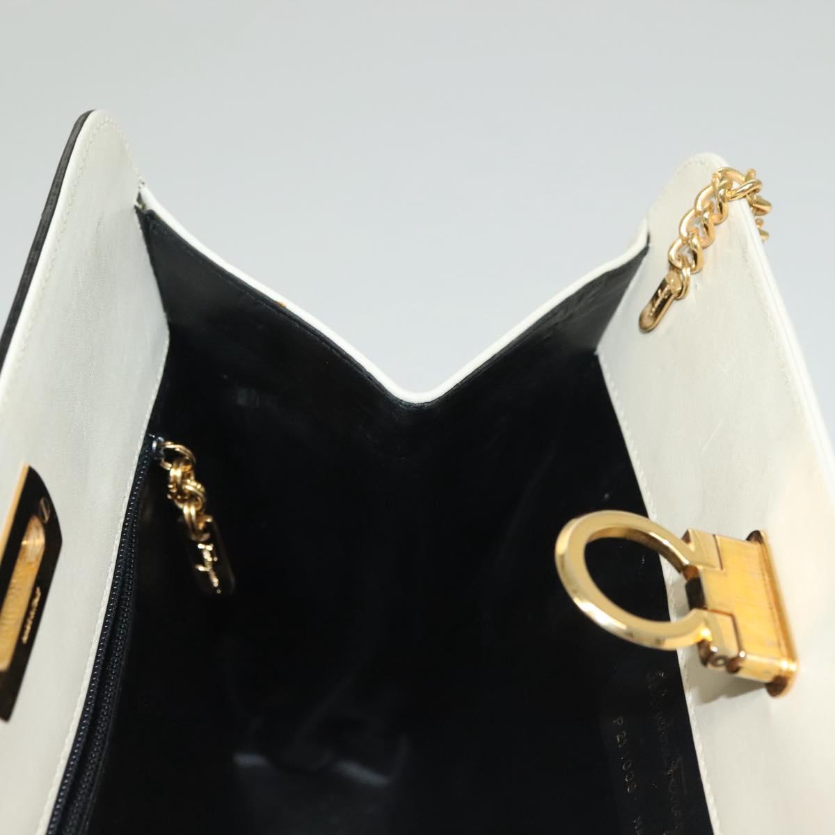 Salvatore Ferragamo Chain Gancini Shoulder Bag Leather White Gold Auth 136190