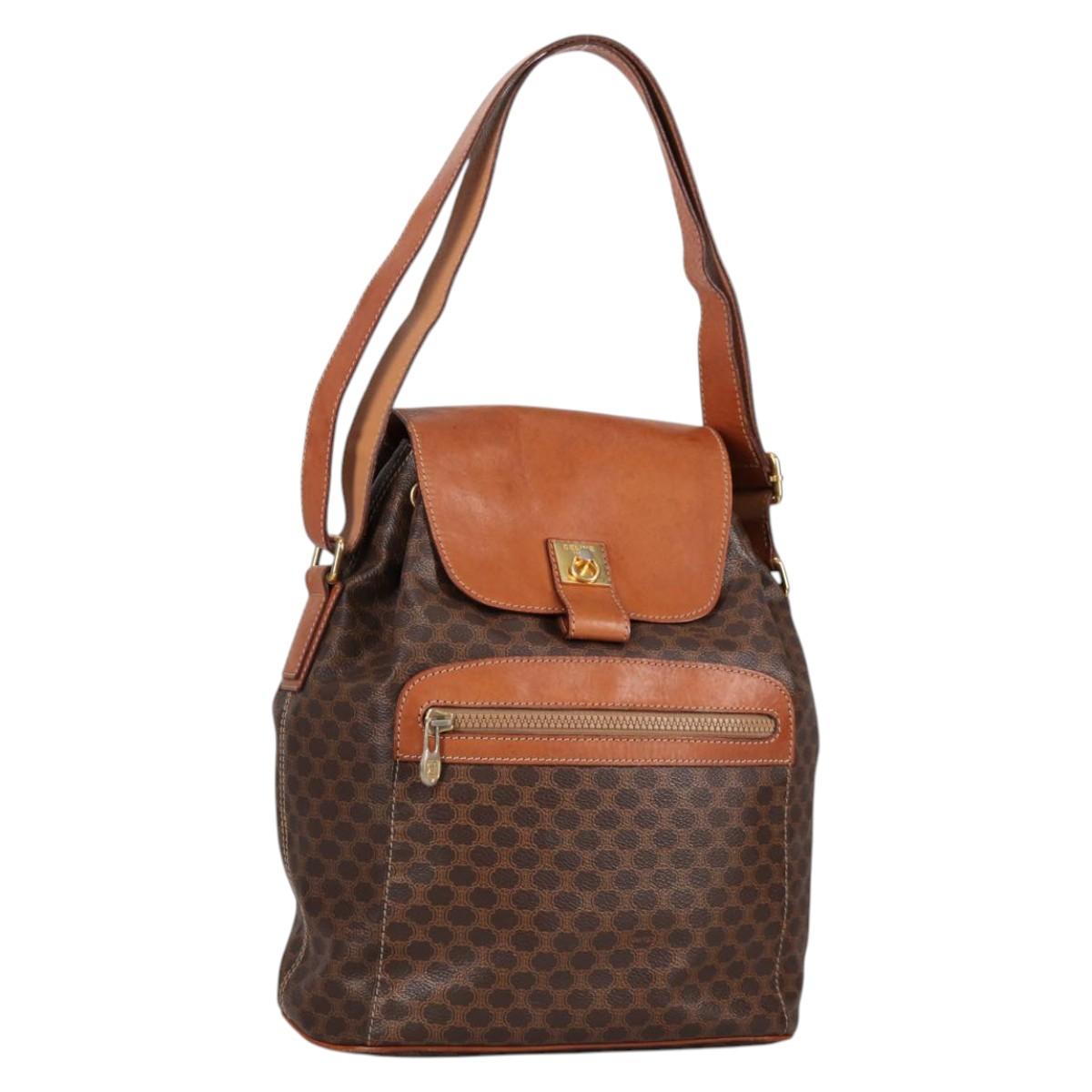 CELINE Macadam Canvas Shoulder Bag PVC Leather Brown Gold Auth 136201