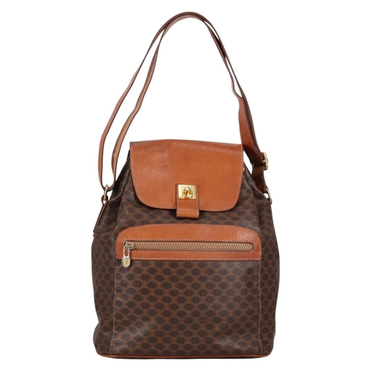 CELINE Macadam Canvas Shoulder Bag PVC Leather Brown Gold Auth 136201