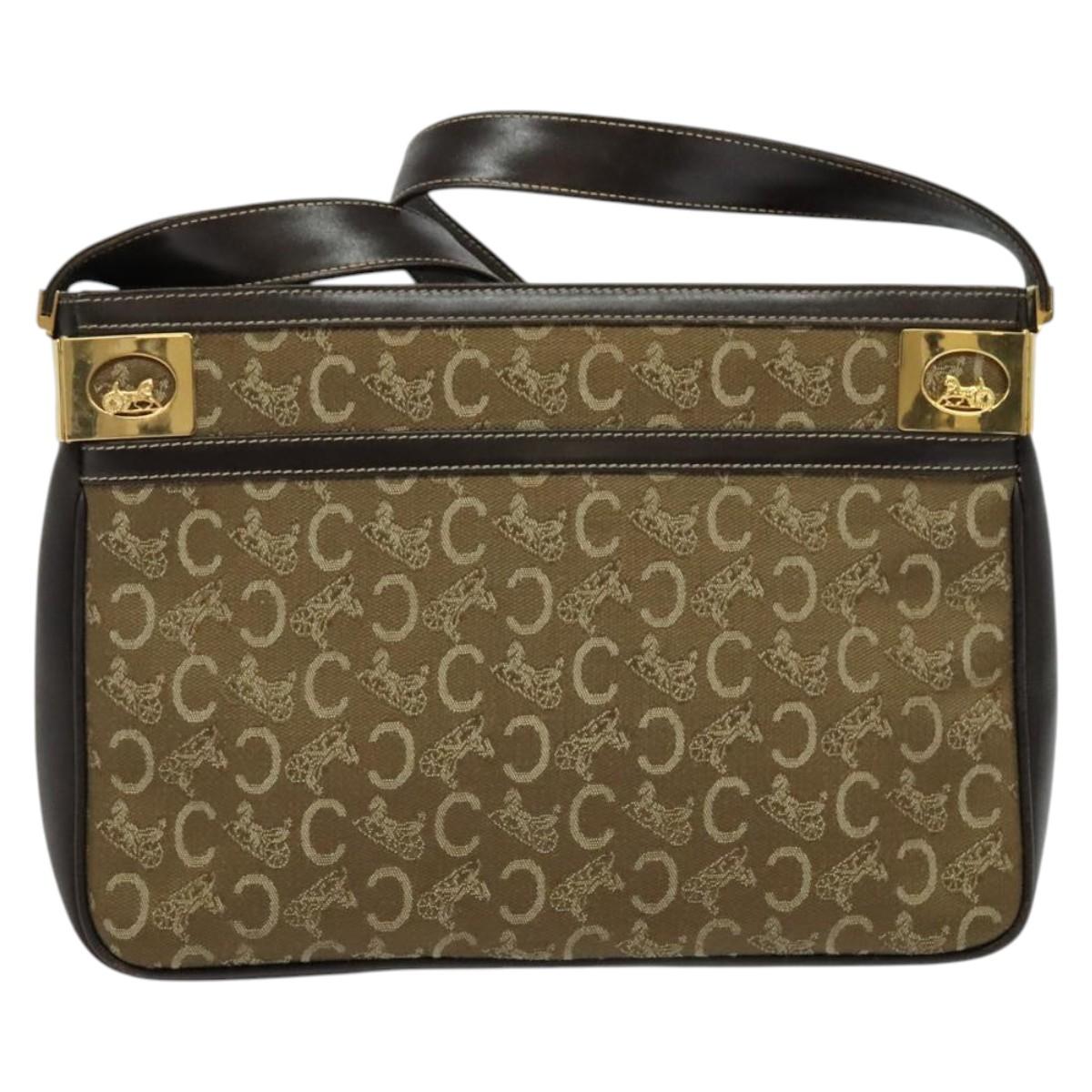 CELINE C Sulky Shoulder Bag Canvas Beige Gold Auth 136204