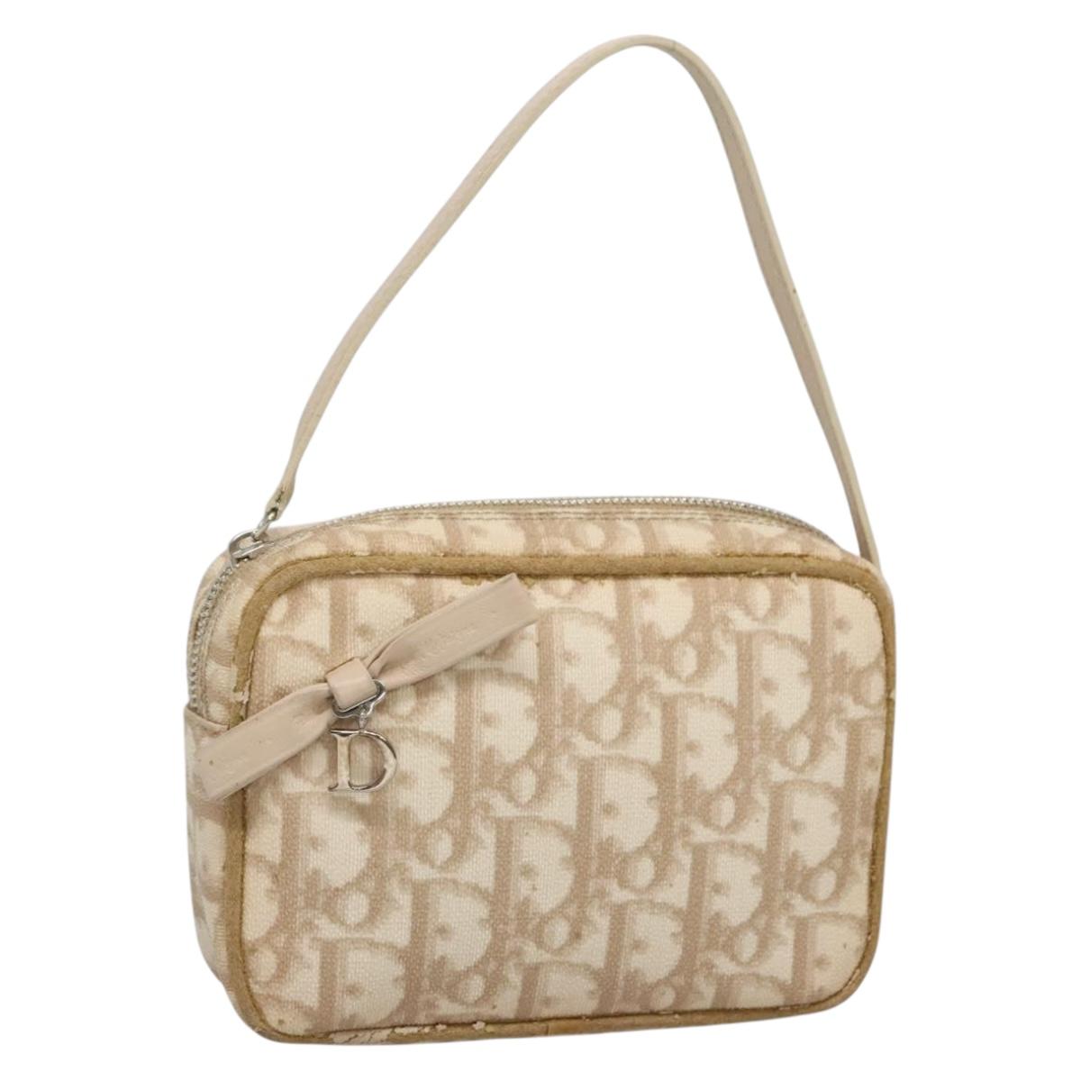 Christian Dior Trotter Canvas Romantic Pouch PVC Beige Silver Auth 136216
