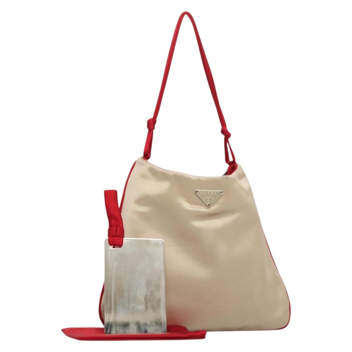 PRADA Hand Bag Satin Beige Auth 136267