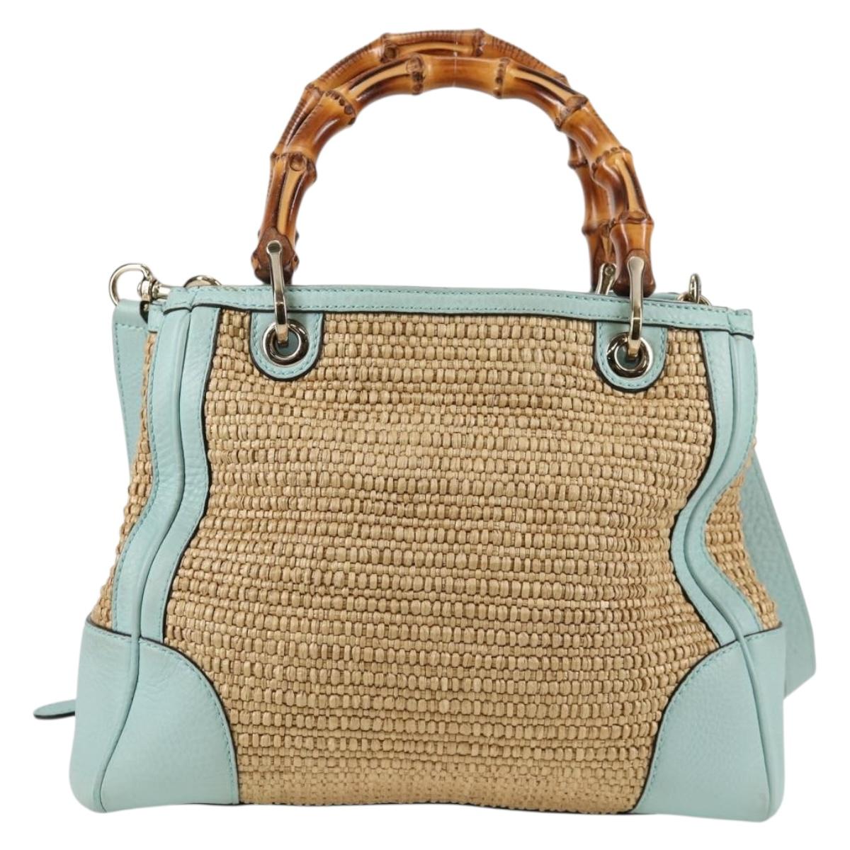 GUCCI Bamboo Hand Bag Raffia 2way Beige Gold 336032 Auth 136270