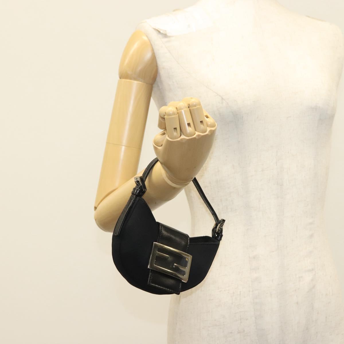 FENDI Mini Croissant Hand Bag Nylon Black Silver Auth 136308