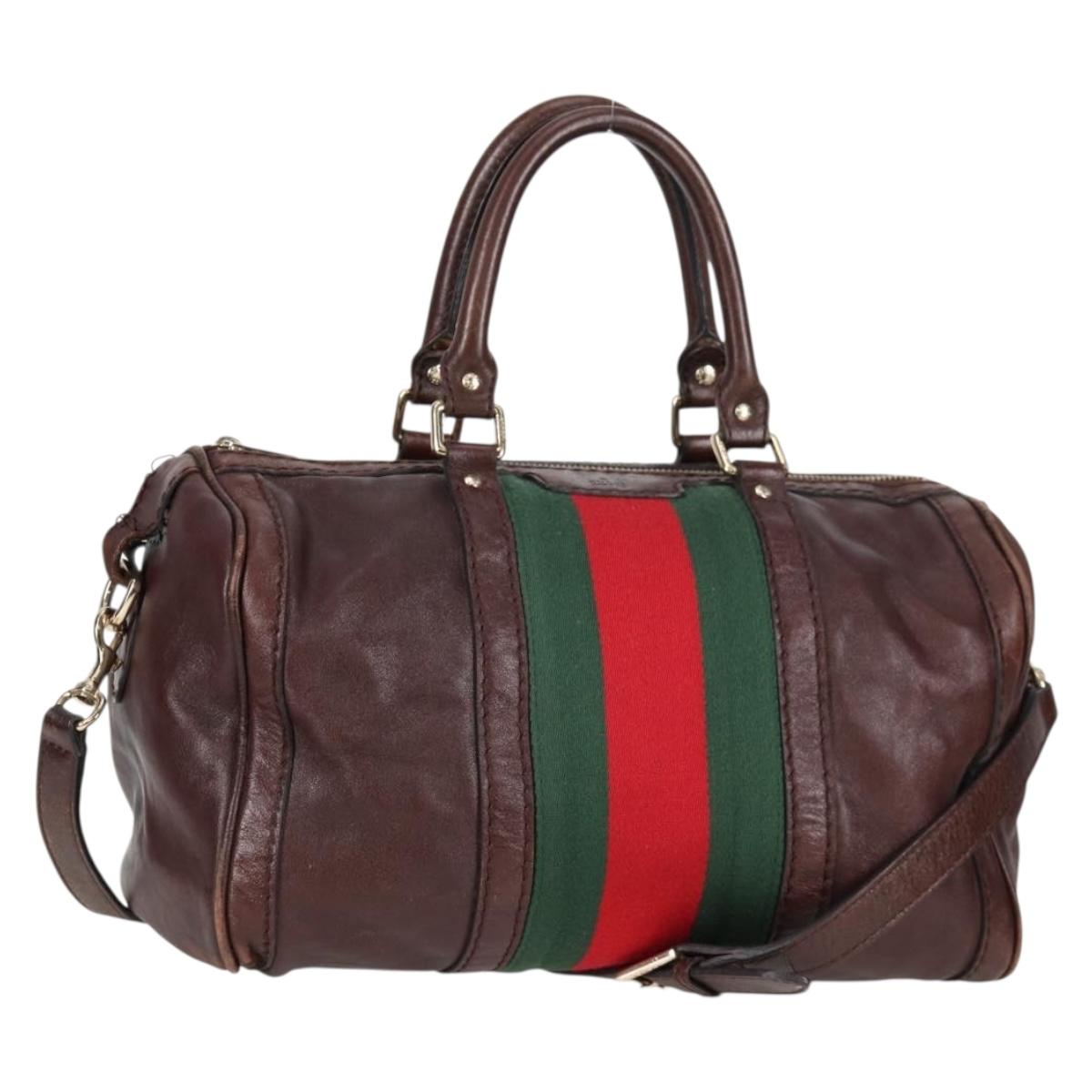 GUCCI Web Sherry Line Hand Bag Leather 2way Brown Gold 247205 Auth 136368