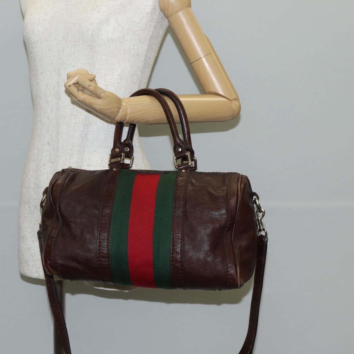 GUCCI Web Sherry Line Hand Bag Leather 2way Brown Gold 247205 Auth 136368