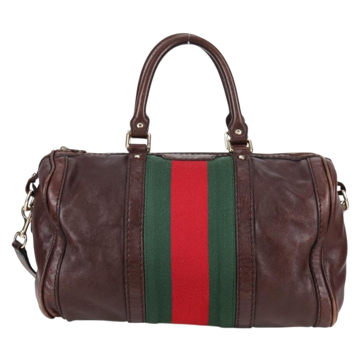 GUCCI Web Sherry Line Hand Bag Leather 2way Brown Gold 247205 Auth 136368