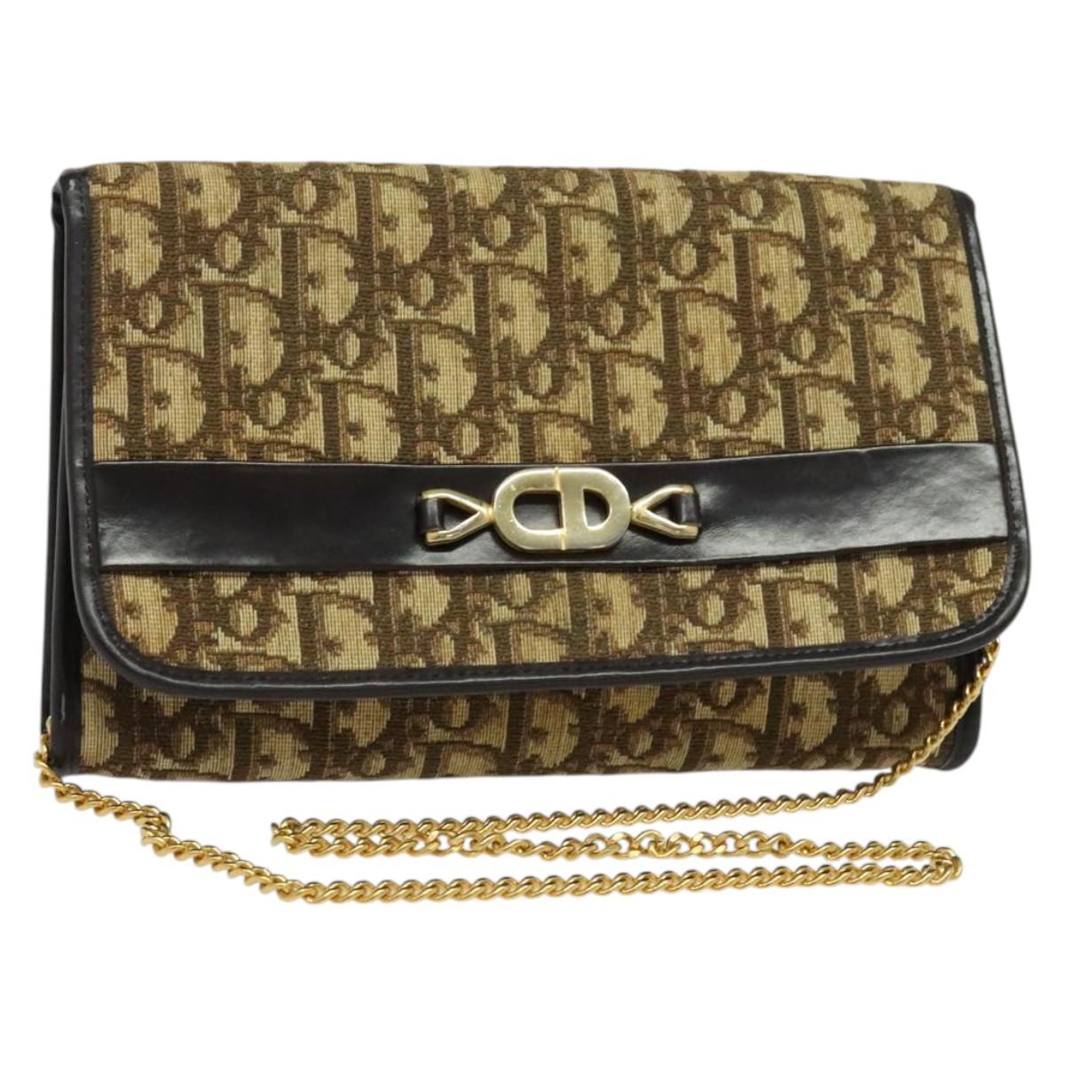 Christian Dior Trotter Canvas Chain Shoulder Bag Beige Gold Auth 136388