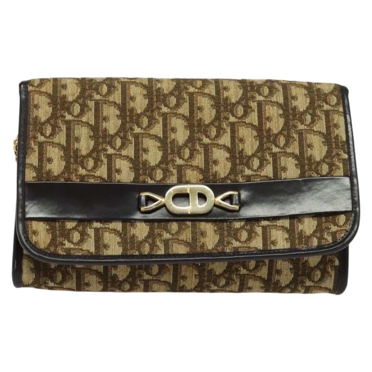 Christian Dior Trotter Canvas Chain Shoulder Bag Beige Gold Auth 136388