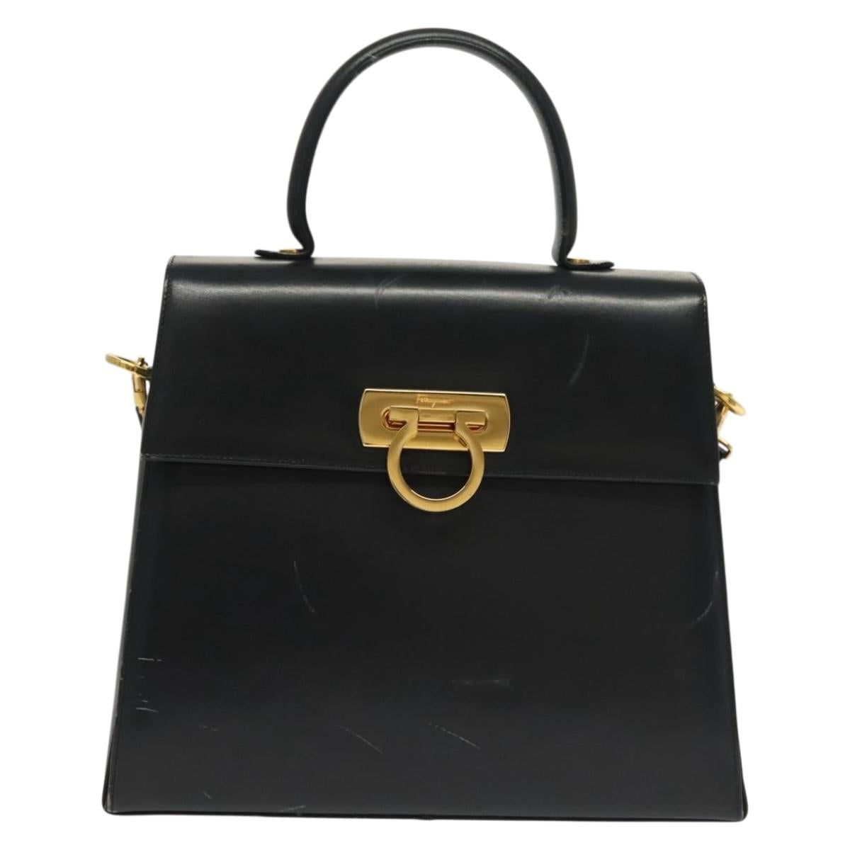 Salvatore Ferragamo Gancini Hand Bag Leather 2way Black Gold Auth 136400