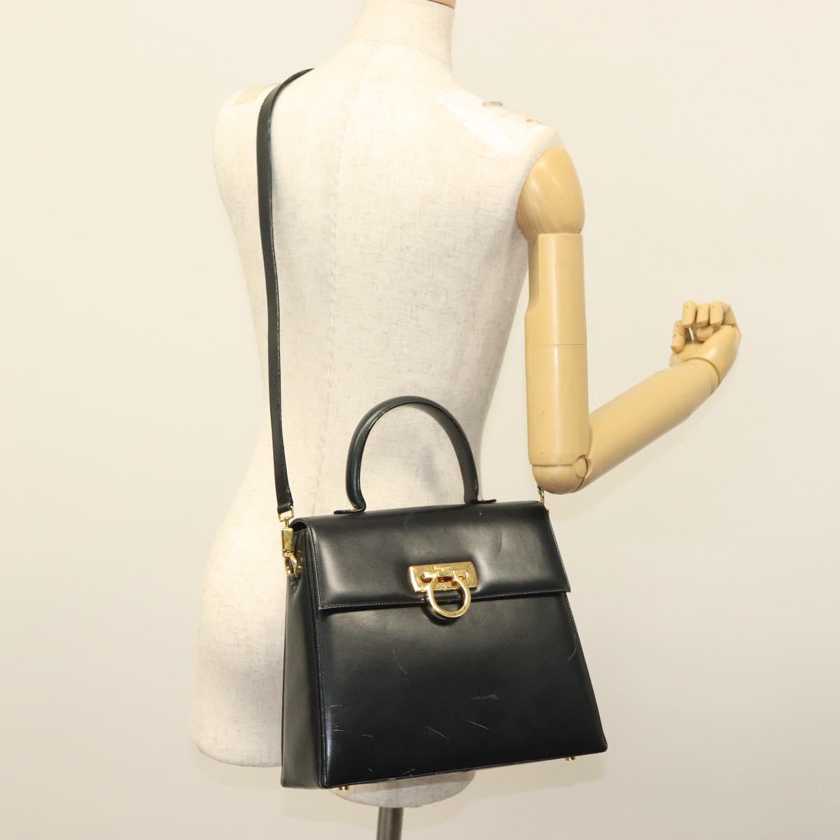 Salvatore Ferragamo Gancini Hand Bag Leather 2way Black Gold Auth 136400