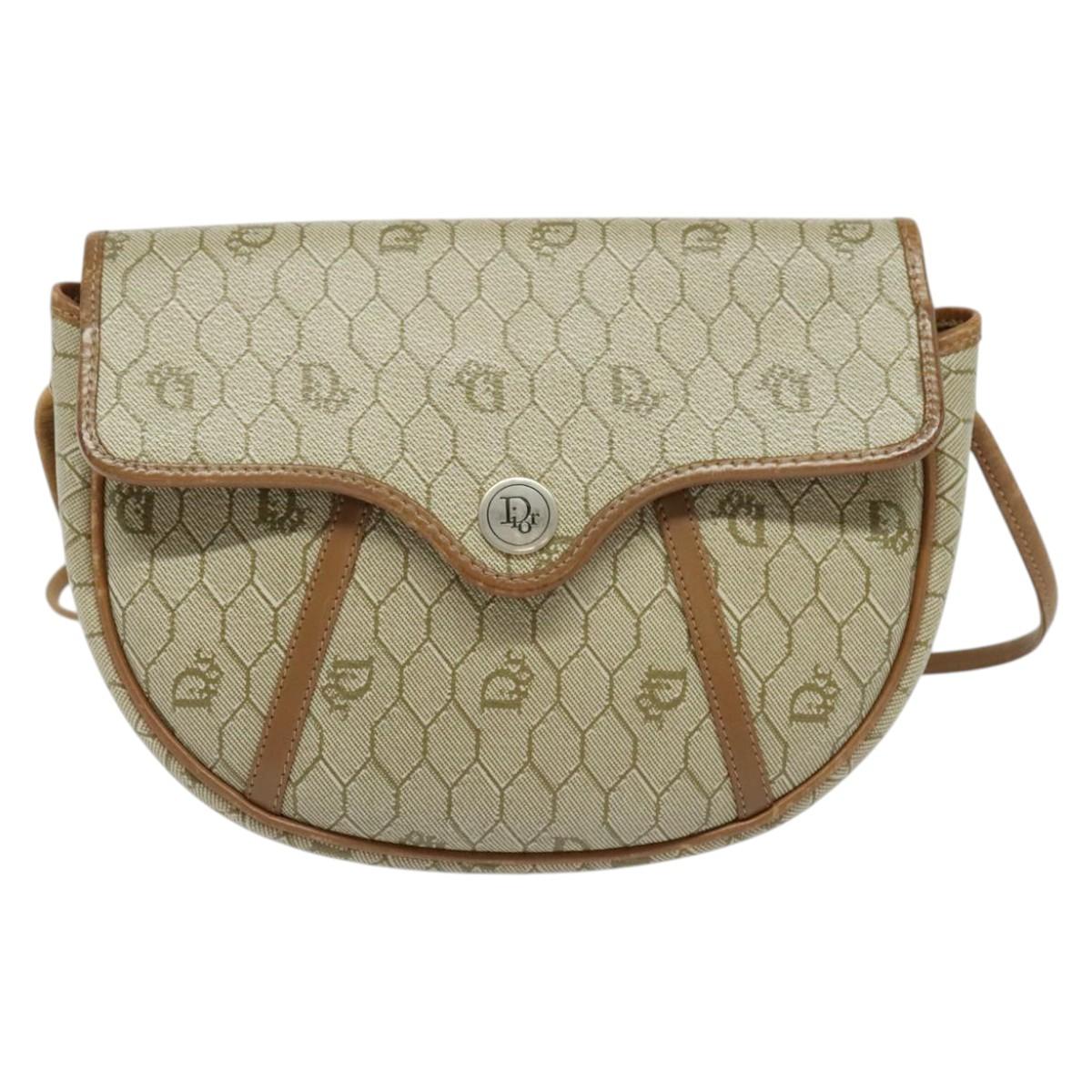Christian Dior Honeycomb Canvas Shoulder Bag PVC Beige Gold Auth 136410