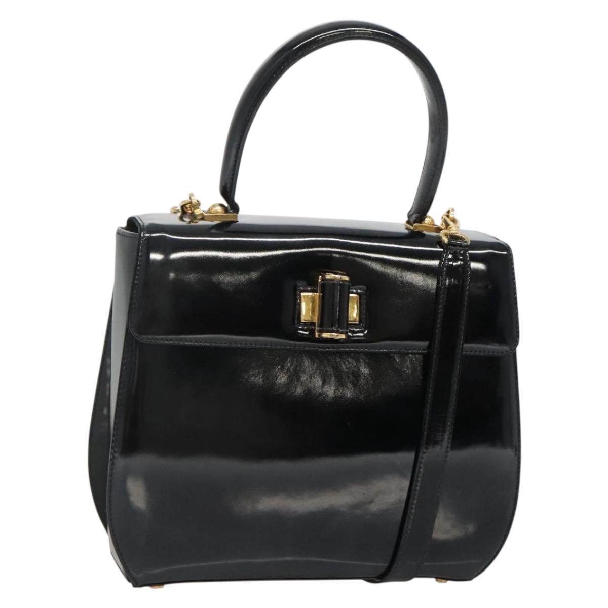 Salvatore Ferragamo Gancini Hand Bag Patent leather 2way Black Gold Auth 136446