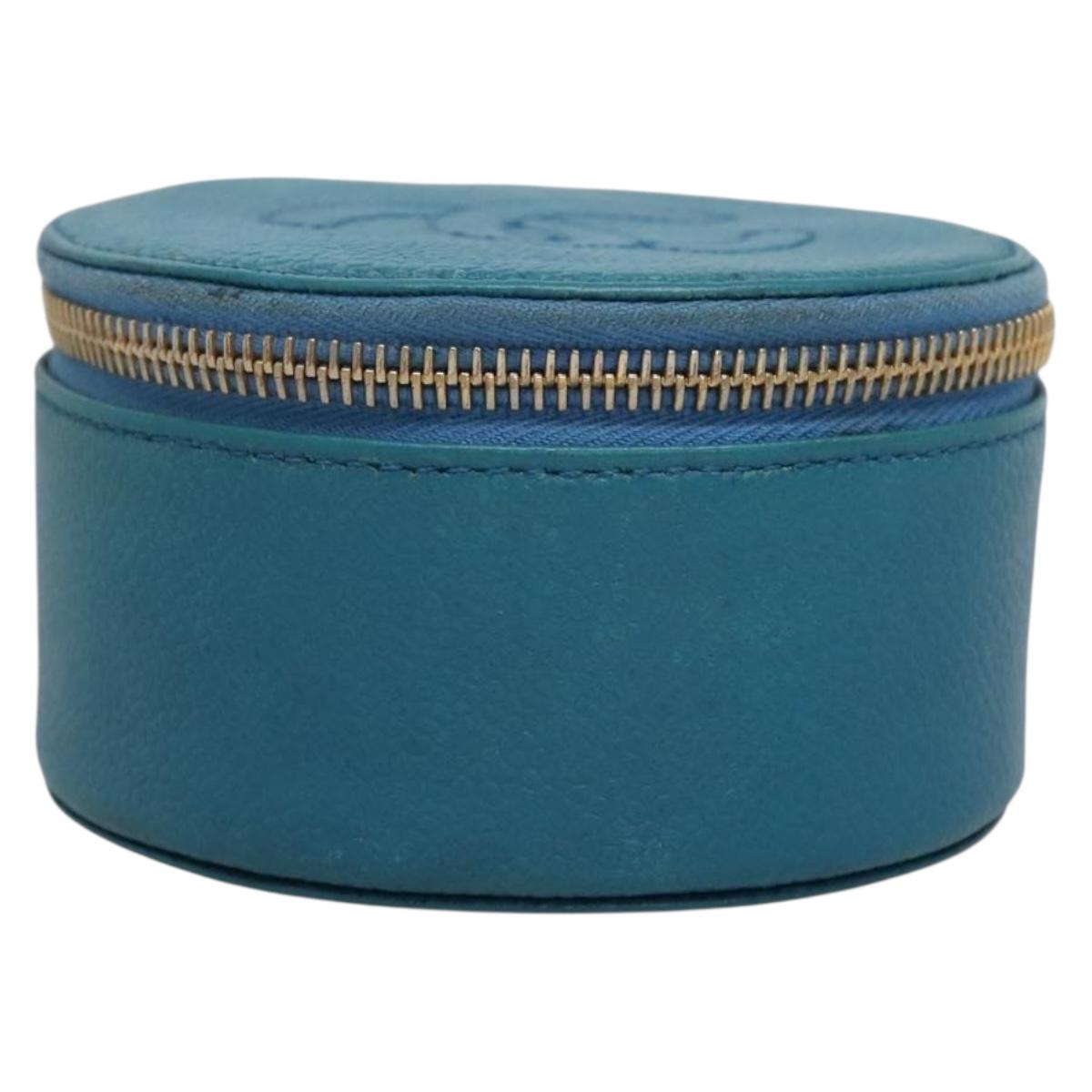 CHANEL Jewelry Case Caviar Skin Blue Gold CC Auth 136451