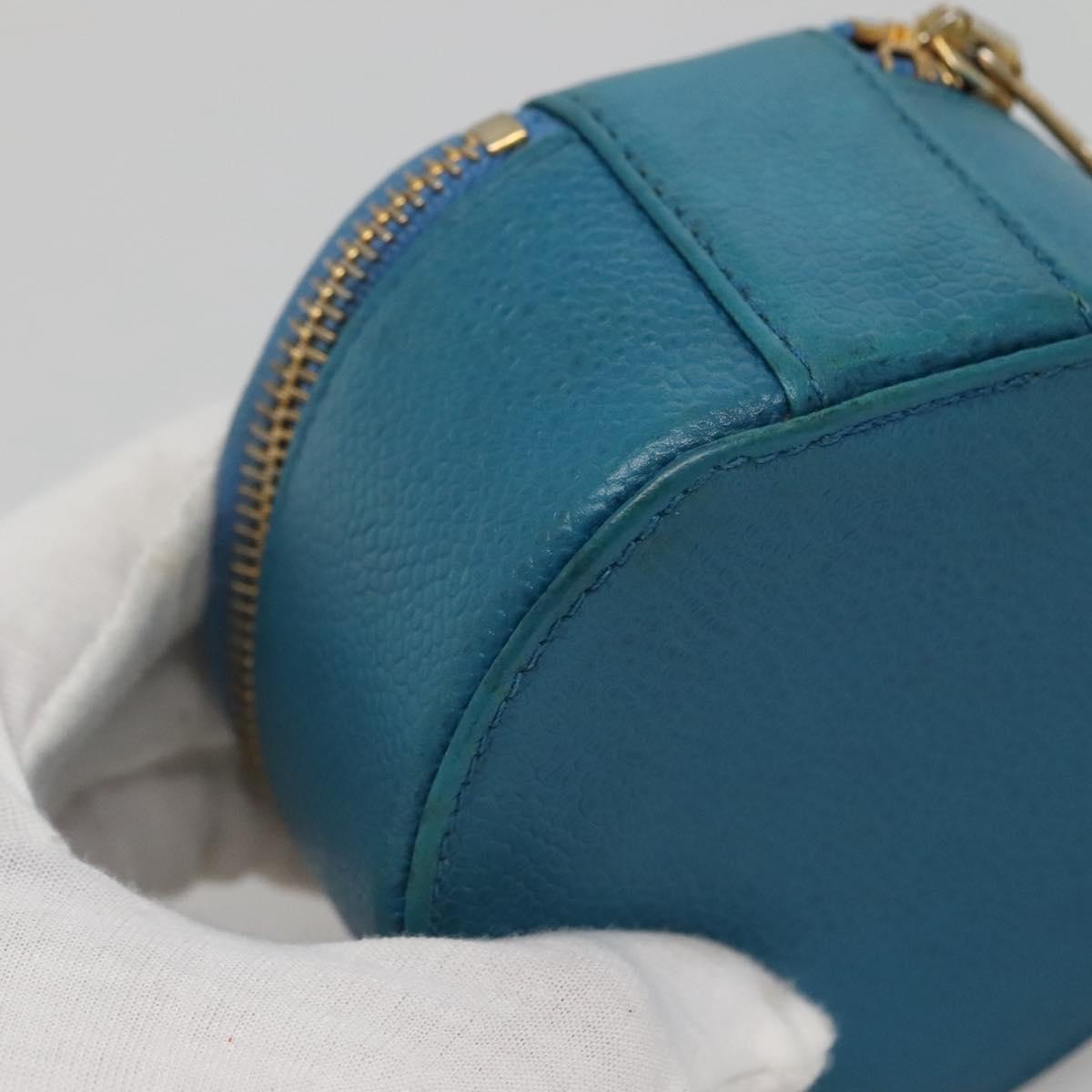 CHANEL Jewelry Case Caviar Skin Blue Gold CC Auth 136451