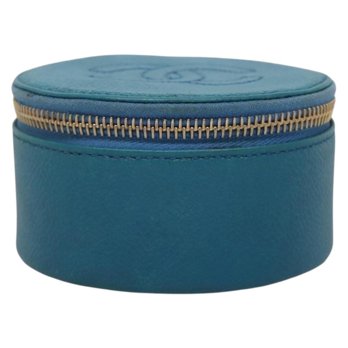 CHANEL Jewelry Case Caviar Skin Blue Gold CC Auth 136451