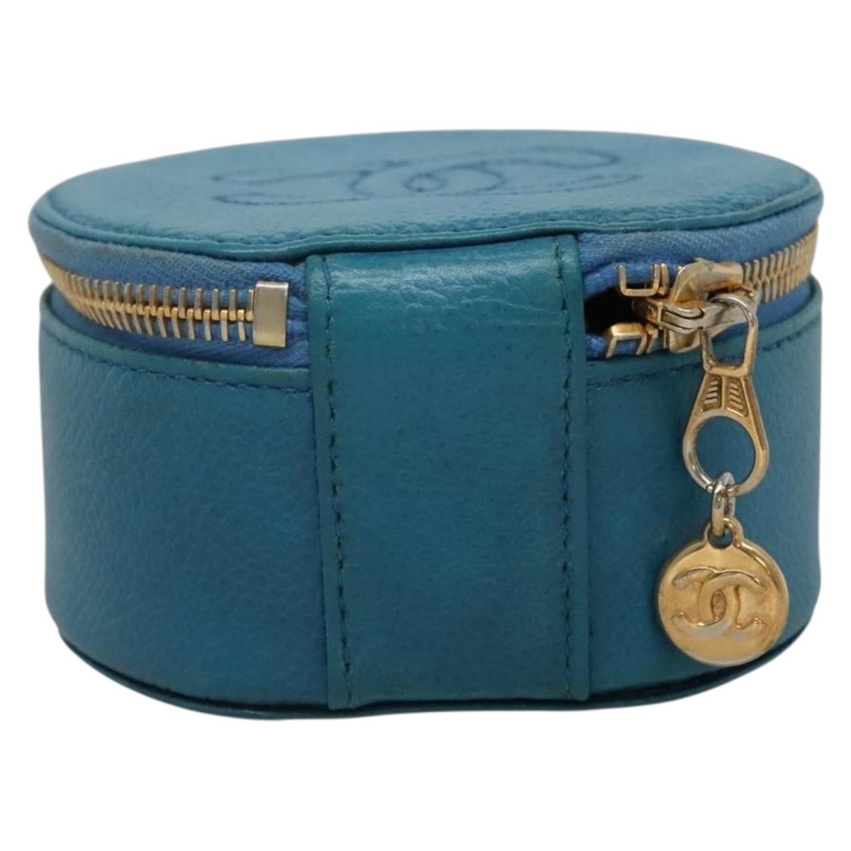 CHANEL Jewelry Case Caviar Skin Blue Gold CC Auth 136451