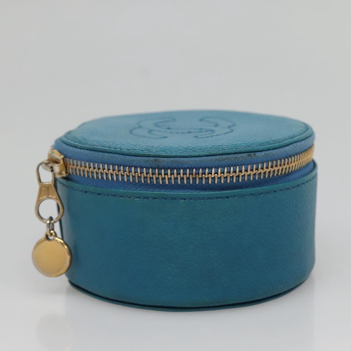 CHANEL Jewelry Case Caviar Skin Blue Gold CC Auth 136451