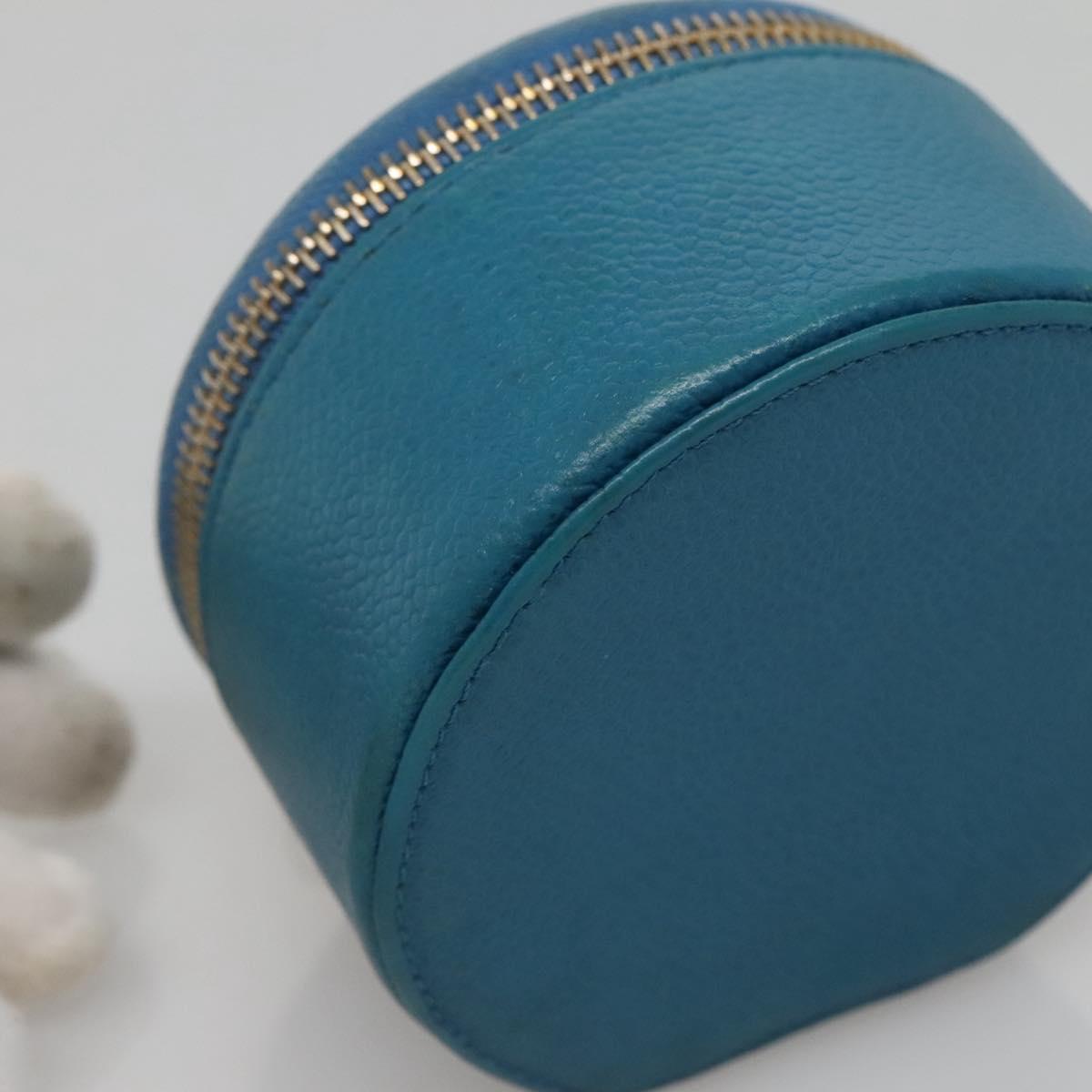 CHANEL Jewelry Case Caviar Skin Blue Gold CC Auth 136451