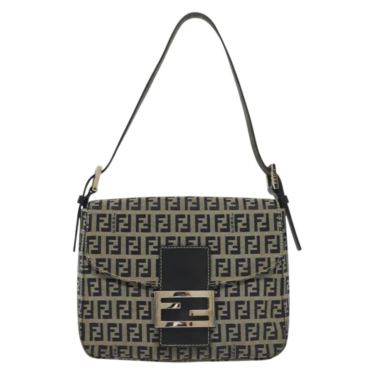 FENDI Zucchino Canvas Mamma Baguette Shoulder Bag Navy Silver Auth 136494