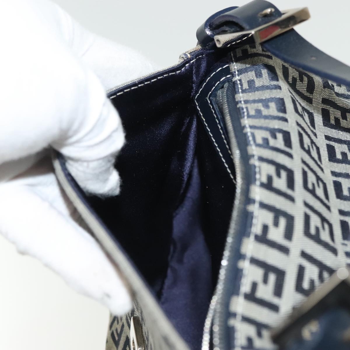 FENDI Zucchino Canvas Mamma Baguette Shoulder Bag Navy Silver Auth 136494