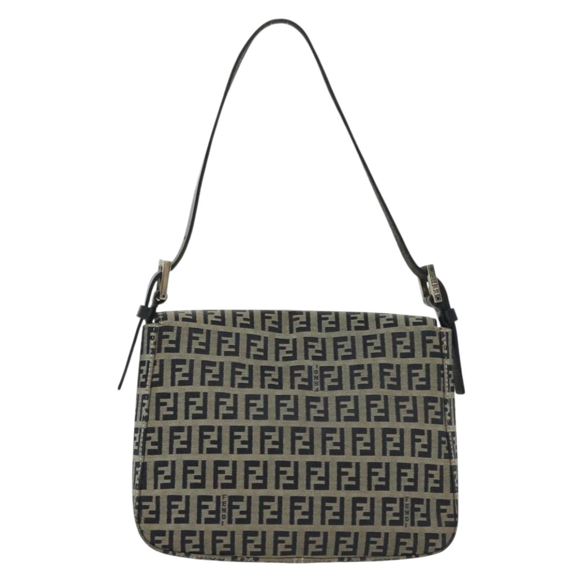 FENDI Zucchino Canvas Mamma Baguette Shoulder Bag Navy Silver Auth 136494