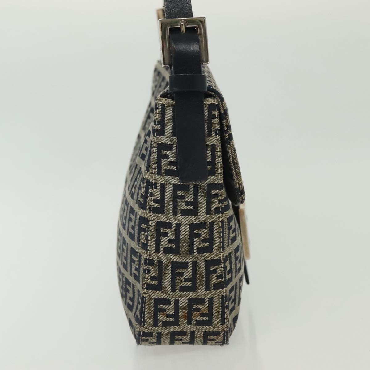 FENDI Zucchino Canvas Mamma Baguette Shoulder Bag Navy Silver Auth 136494