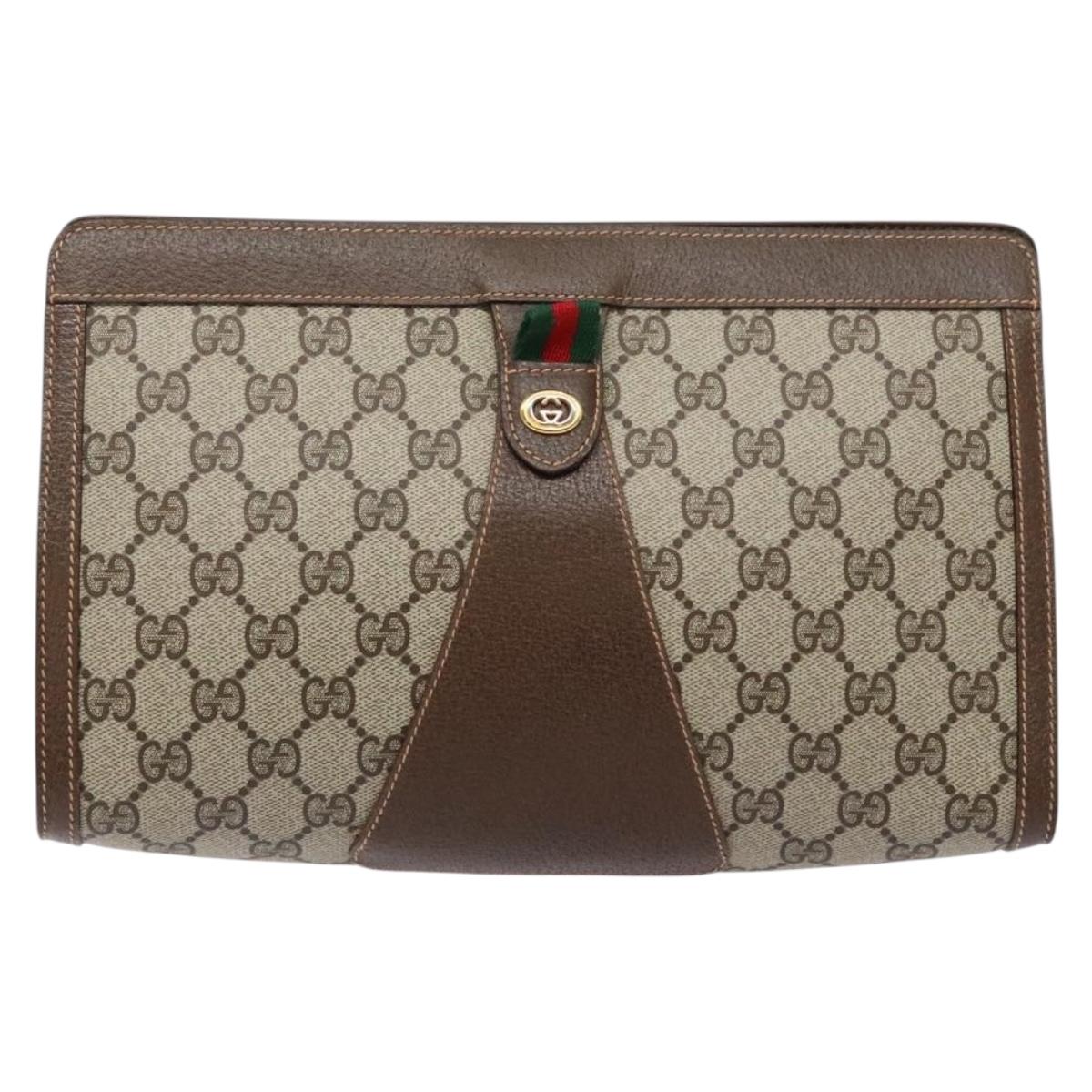 GUCCI GG Supreme Web Sherry Line Clutch Bag PVC Beige 156 01 033 Auth 136529