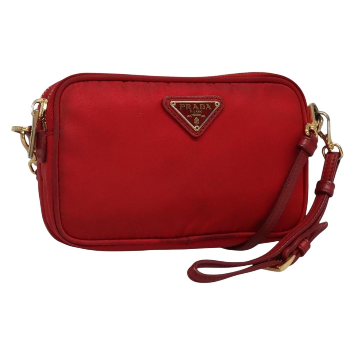 PRADA Shoulder Bag Nylon Red Gold Auth 136649
