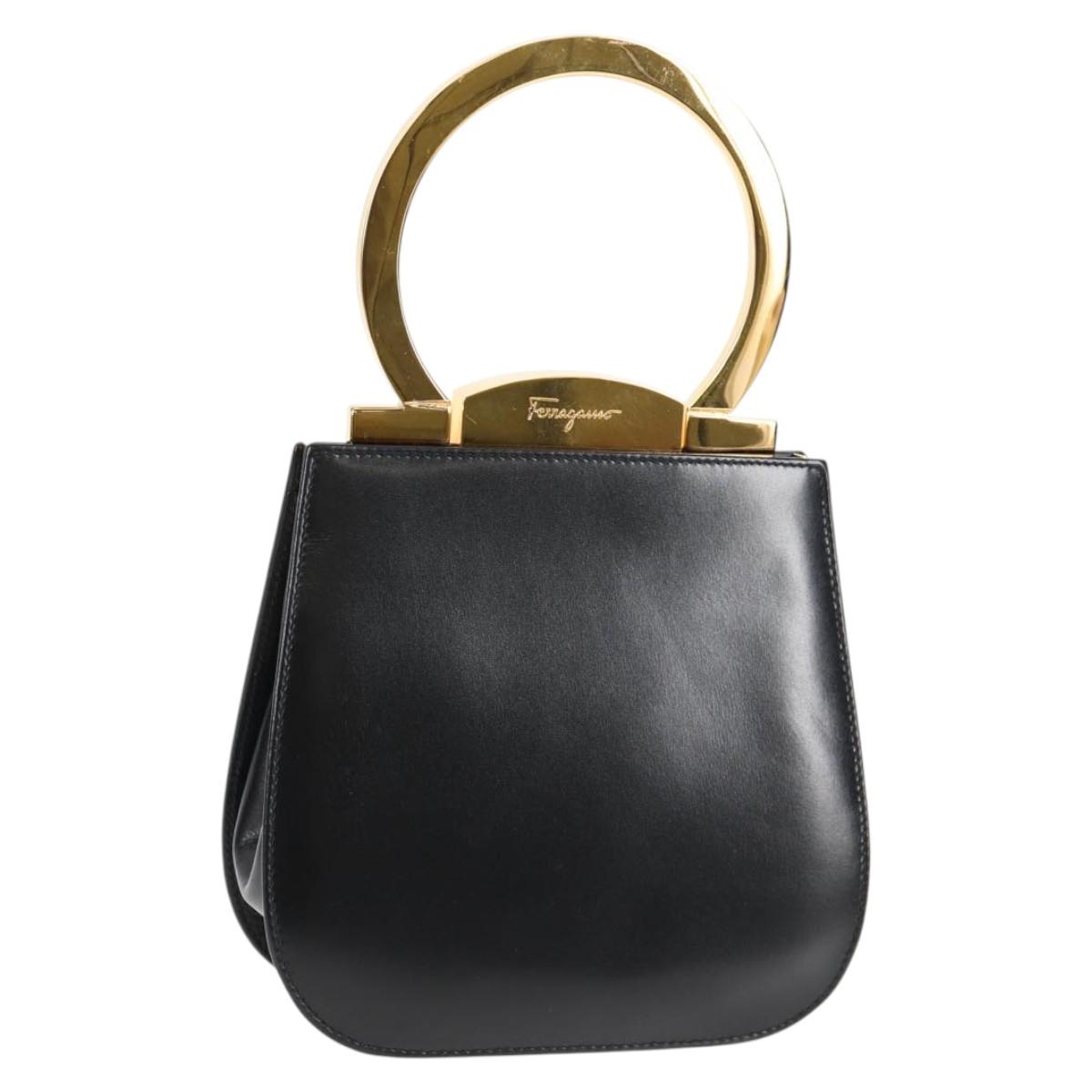 Salvatore Ferragamo Gancini Hand Bag Leather Black Gold Auth 136667V