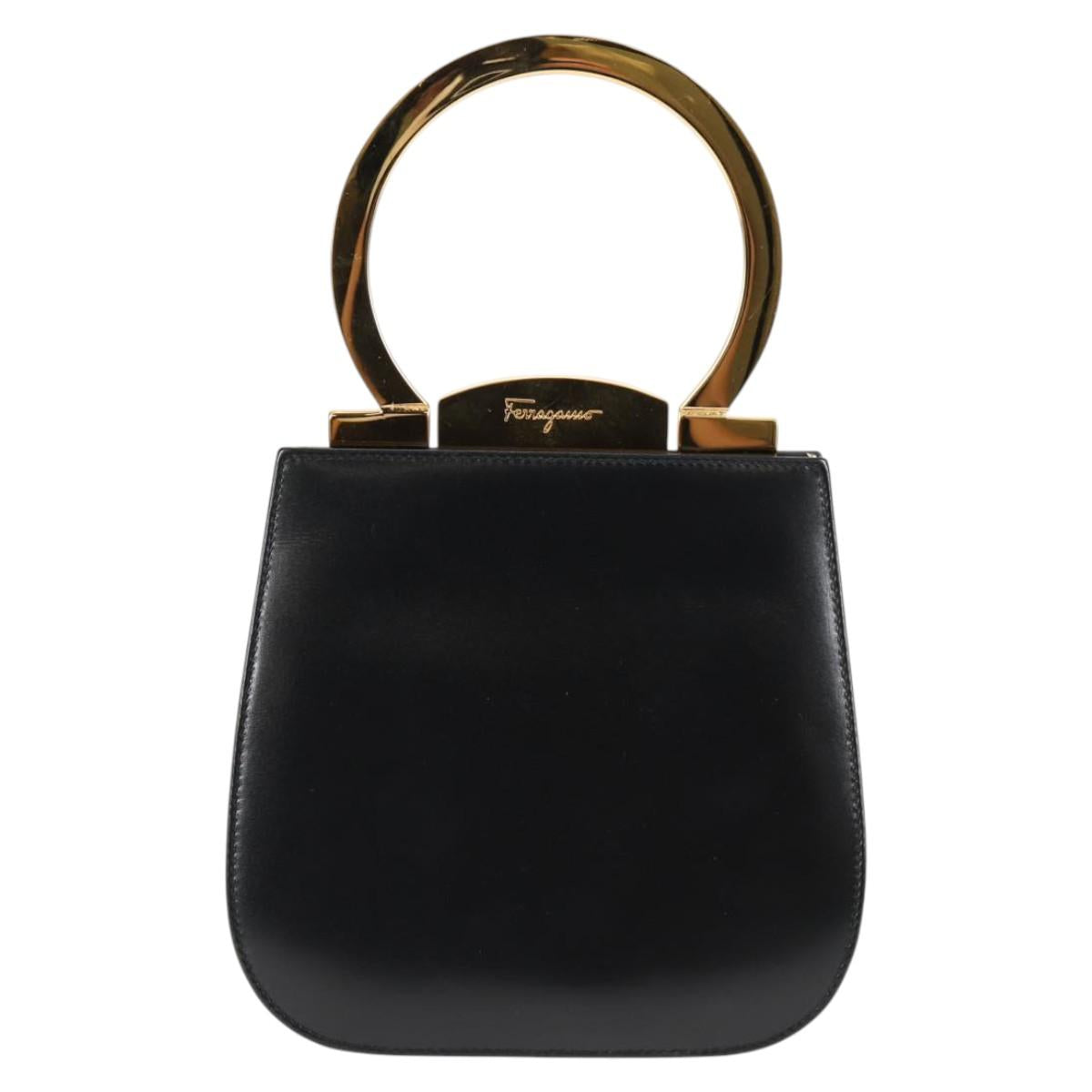 Salvatore Ferragamo Gancini Hand Bag Leather Black Gold Auth 136667V