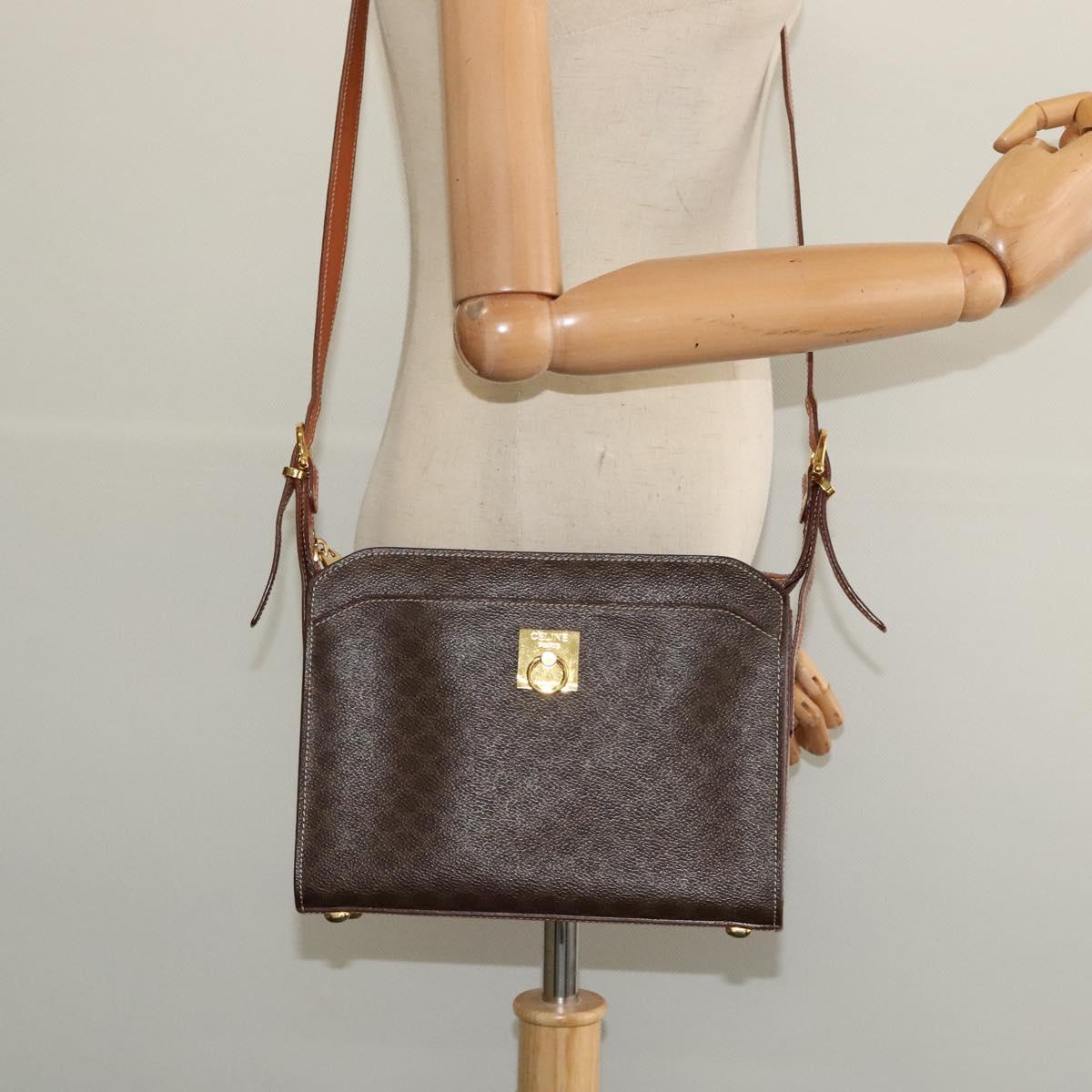 CELINE Macadam Canvas Shoulder Bag PVC Leather Brown Gold Auth 136673