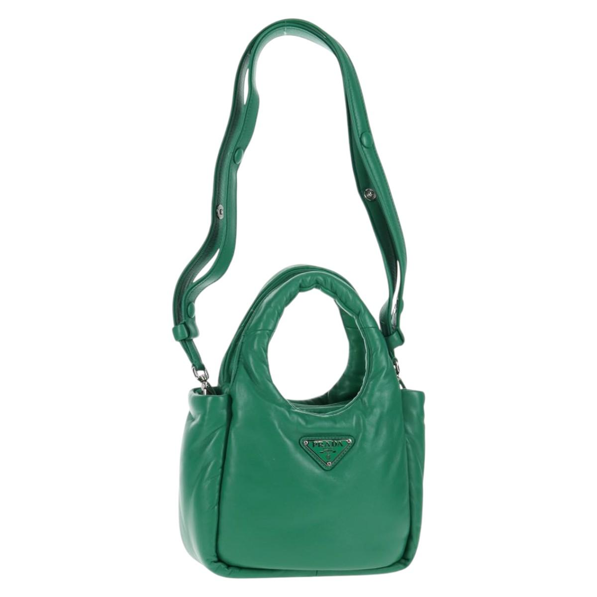 PRADA Hand Bag Leather 2way Green Silver Auth 136732SAM