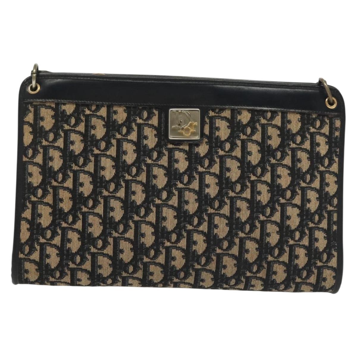 Christian Dior Trotter Canvas Shoulder Bag Navy Gold Auth 136797