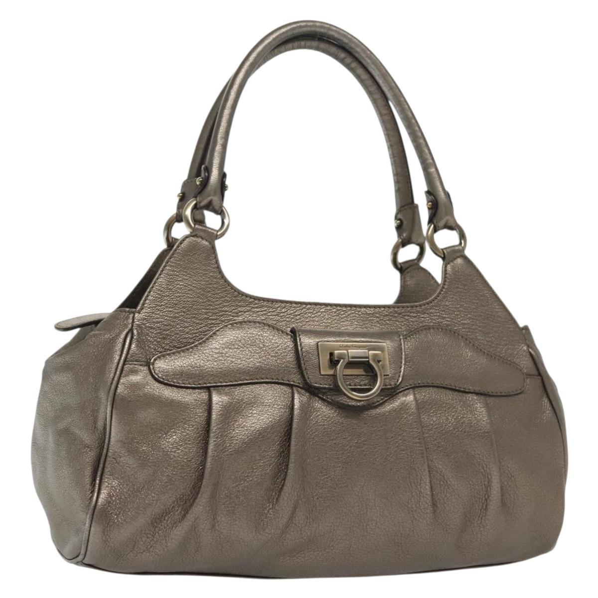Salvatore Ferragamo Gancini Hand Bag Leather Silver Auth 136801