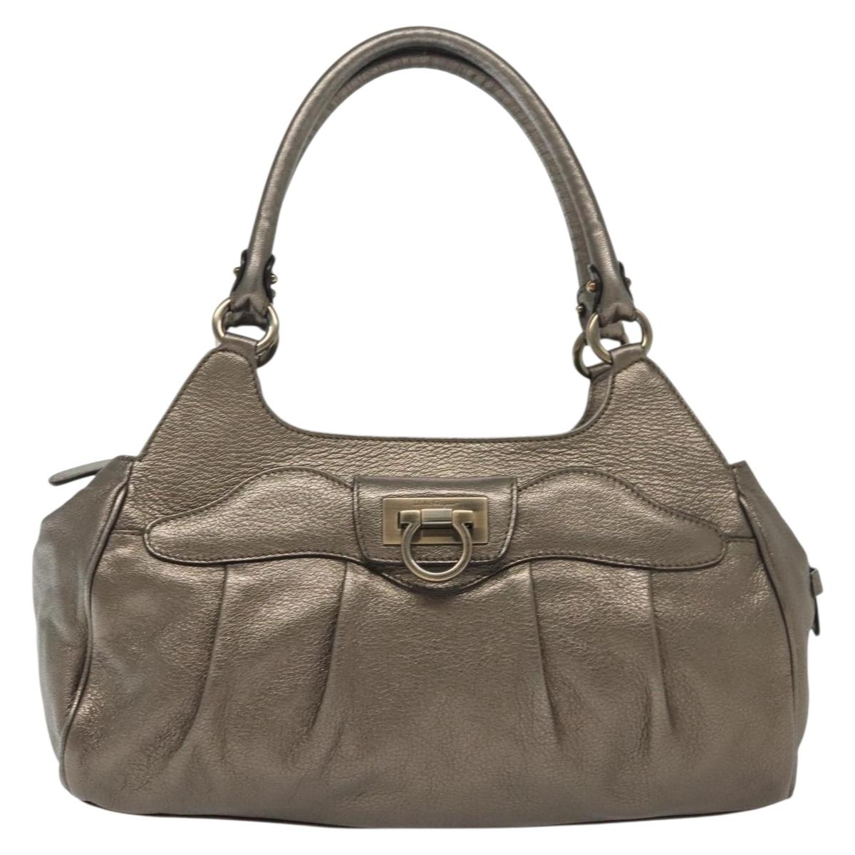 Salvatore Ferragamo Gancini Hand Bag Leather Silver Auth 136801