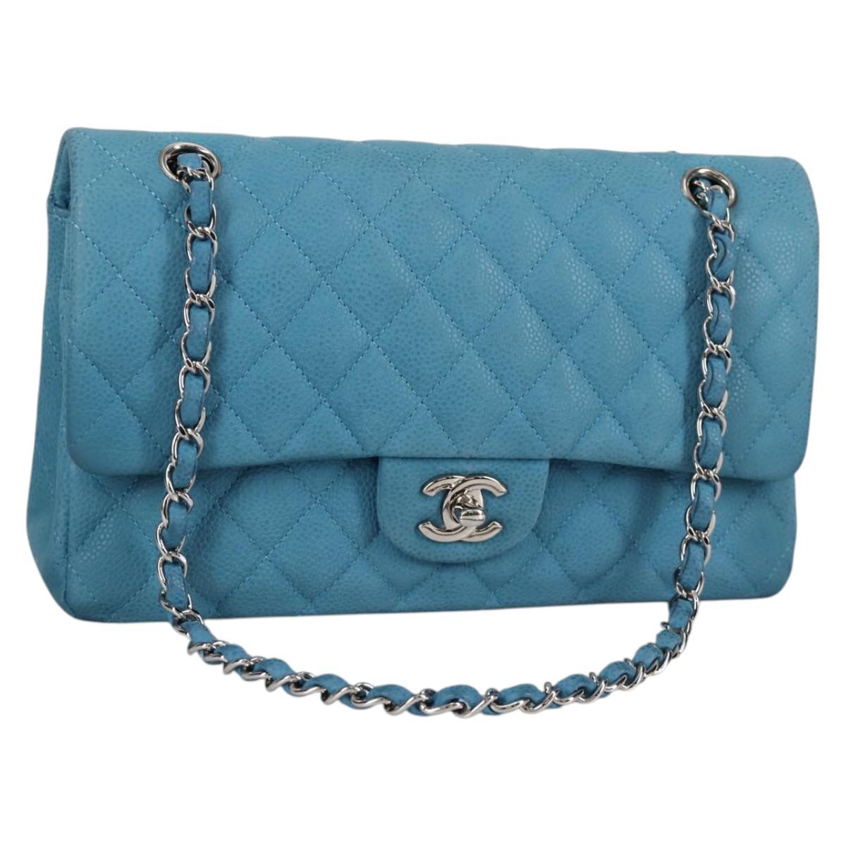 CHANEL Matelasse 25 Double Flap Chain Bag Caviar Skin Blue CC Auth 136821M