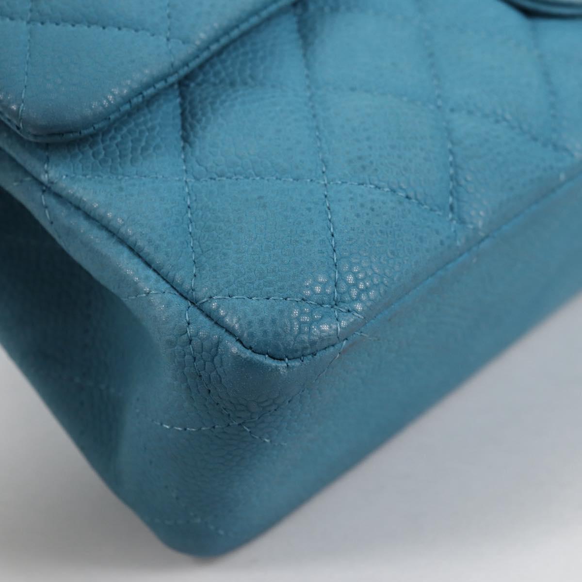 CHANEL Matelasse 25 Double Flap Chain Bag Caviar Skin Blue CC Auth 136821M